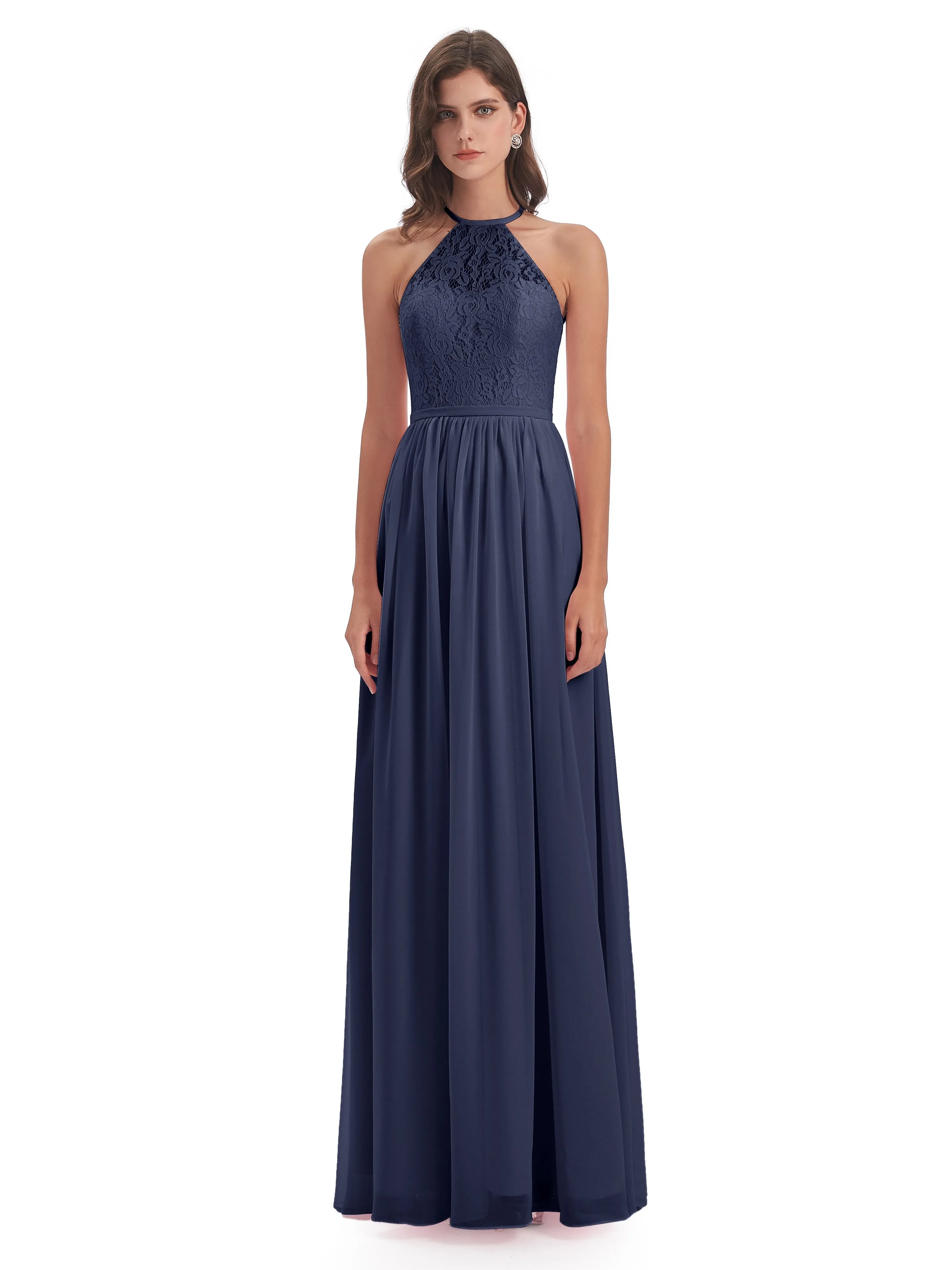 Emma Stunning Halter Floor Length Lace/Chiffon Bridesmaid Dresses