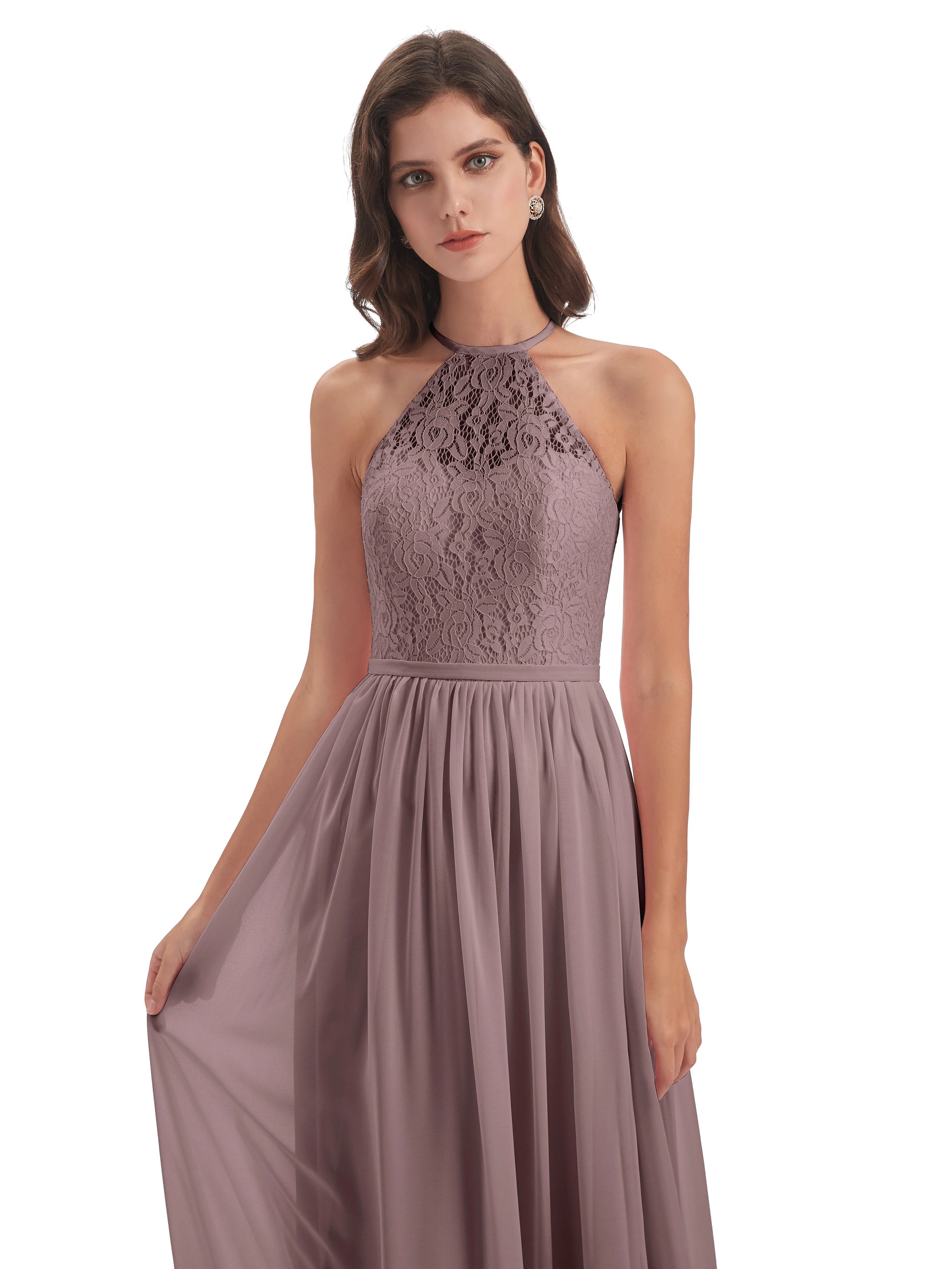 Emma Stunning Halter Floor Length Lace/Chiffon Bridesmaid Dresses