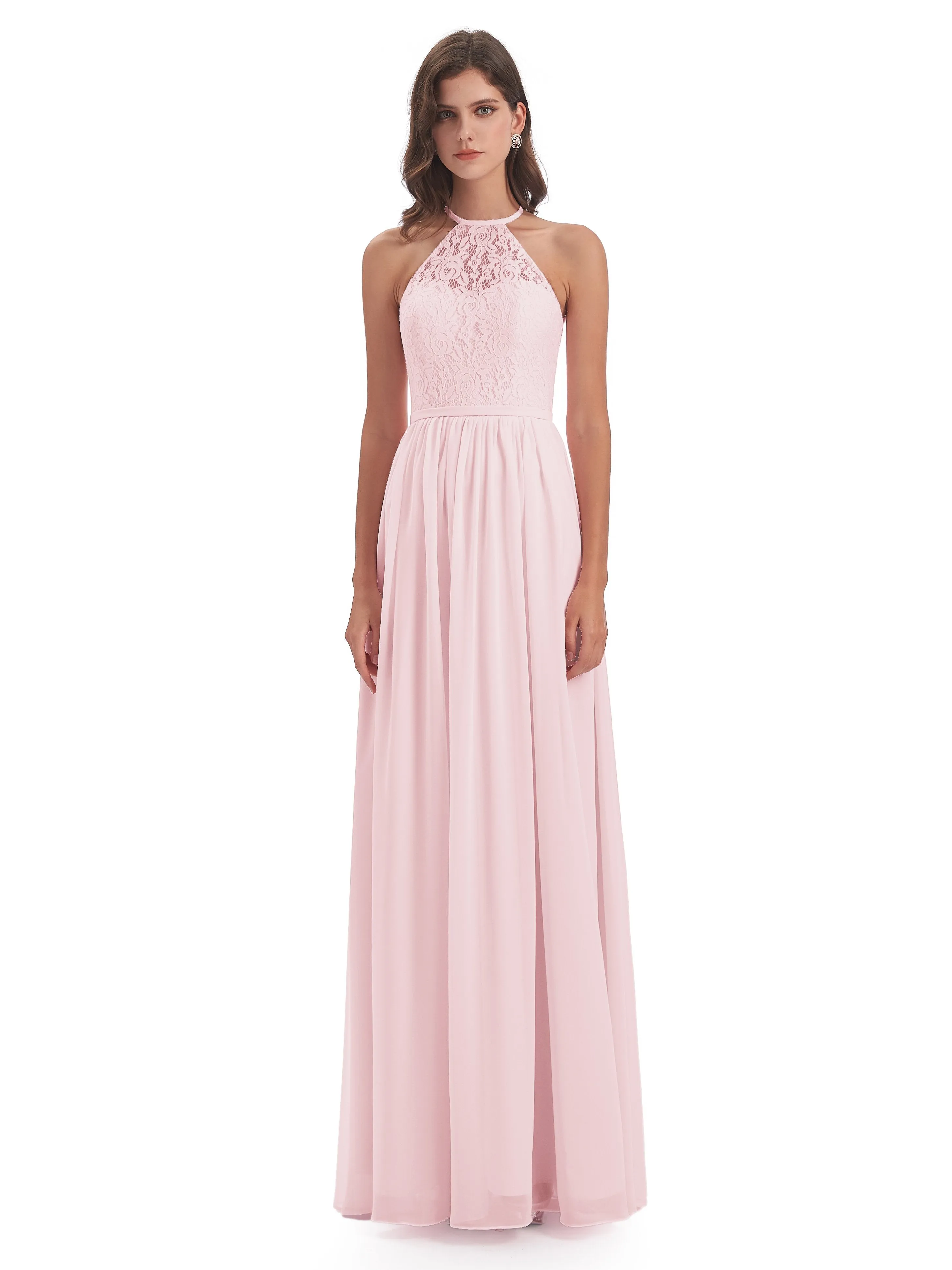 Emma Stunning Halter Floor Length Lace/Chiffon Bridesmaid Dresses