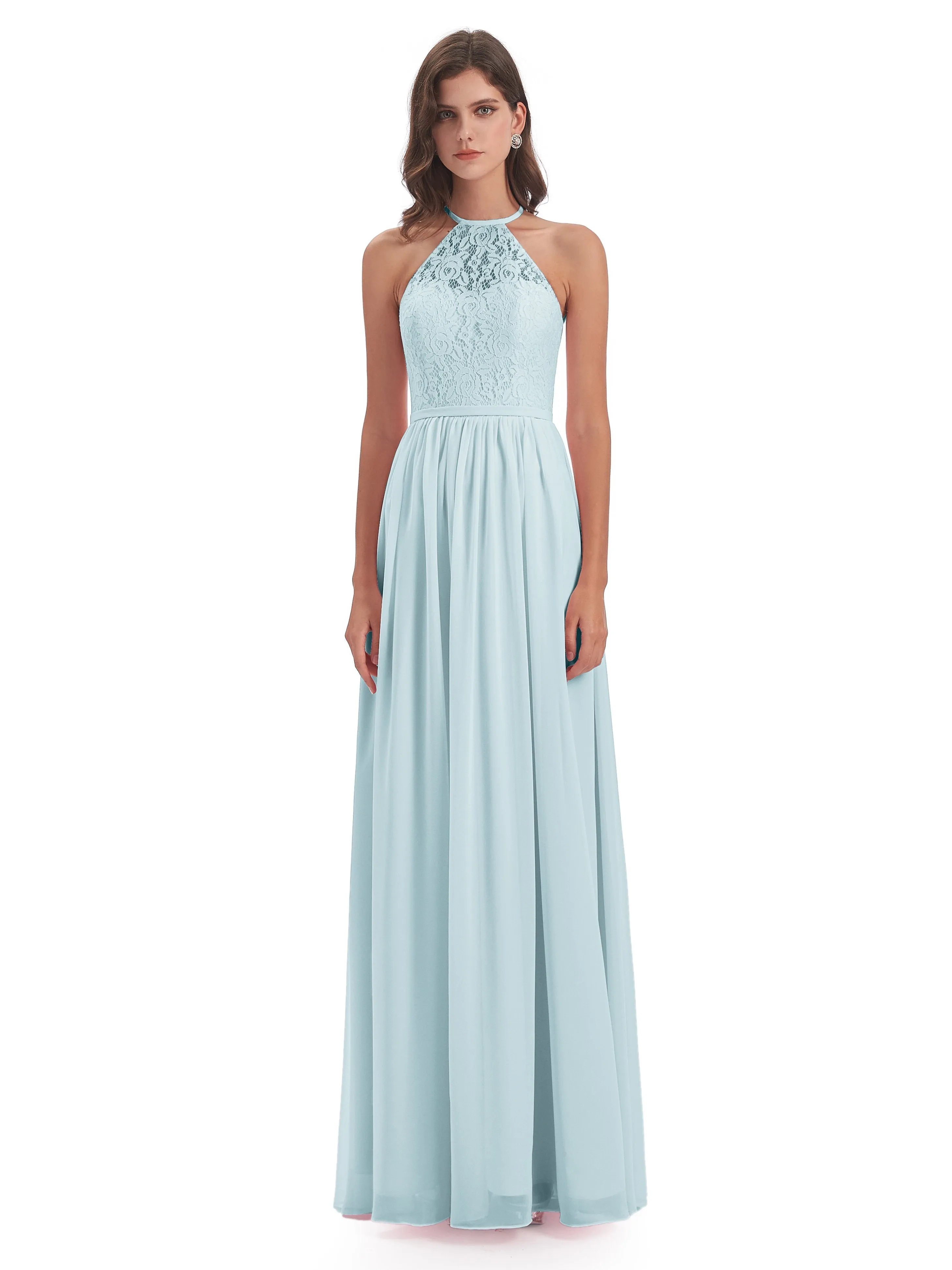 Emma Stunning Halter Floor Length Lace/Chiffon Bridesmaid Dresses