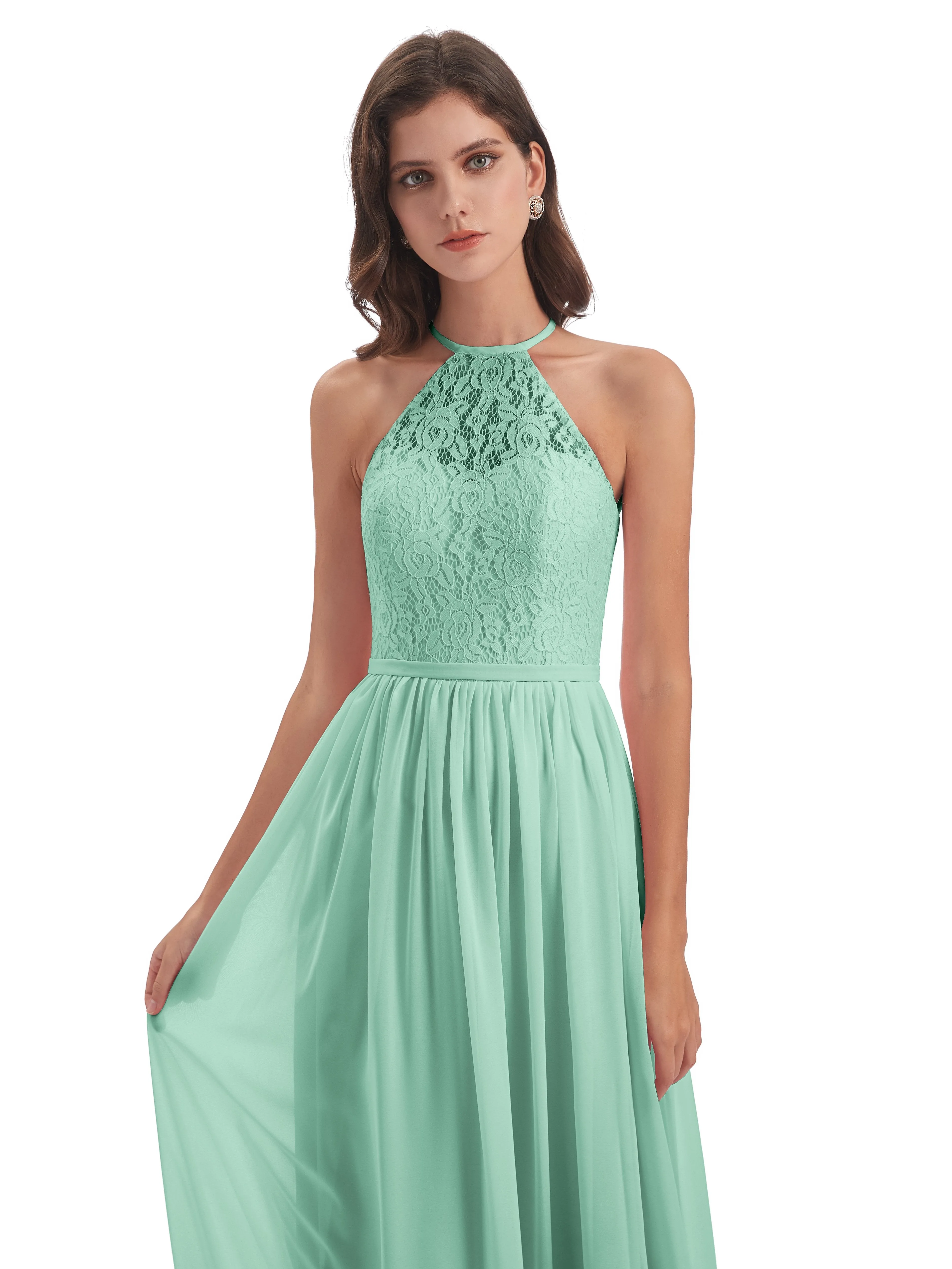 Emma Stunning Halter Floor Length Lace/Chiffon Bridesmaid Dresses