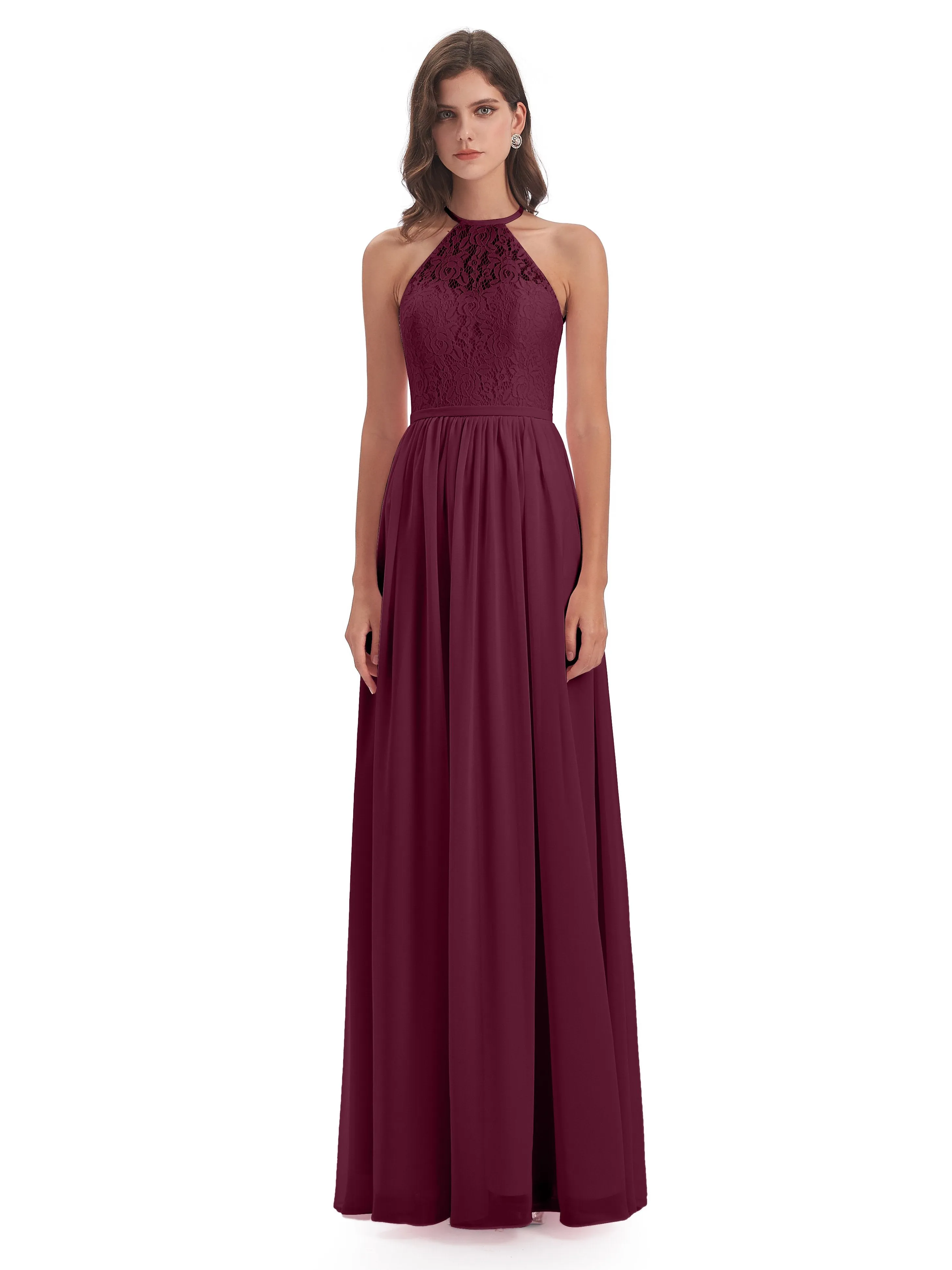 Emma Stunning Halter Floor Length Lace/Chiffon Bridesmaid Dresses