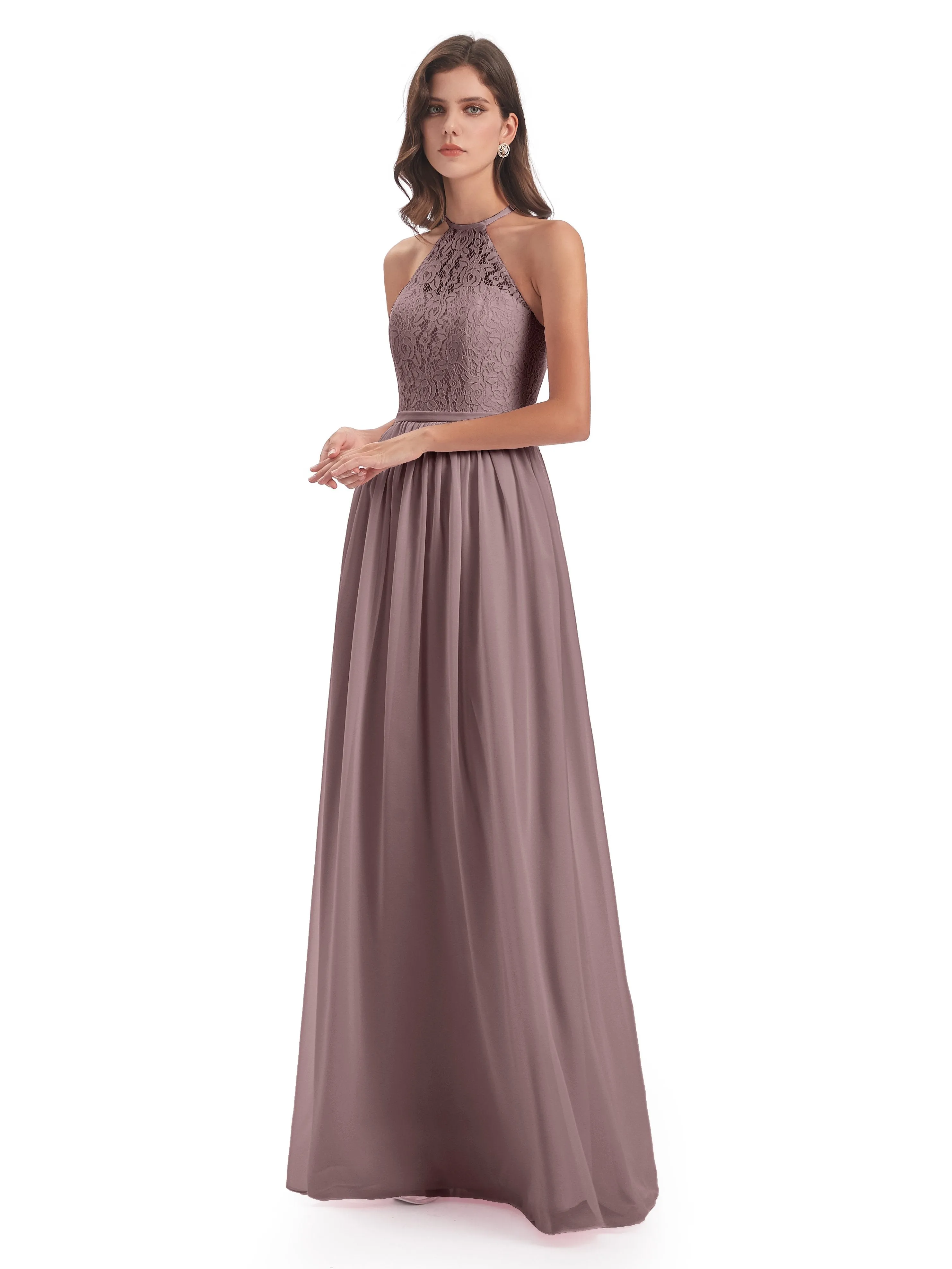 Emma Stunning Halter Floor Length Lace/Chiffon Bridesmaid Dresses