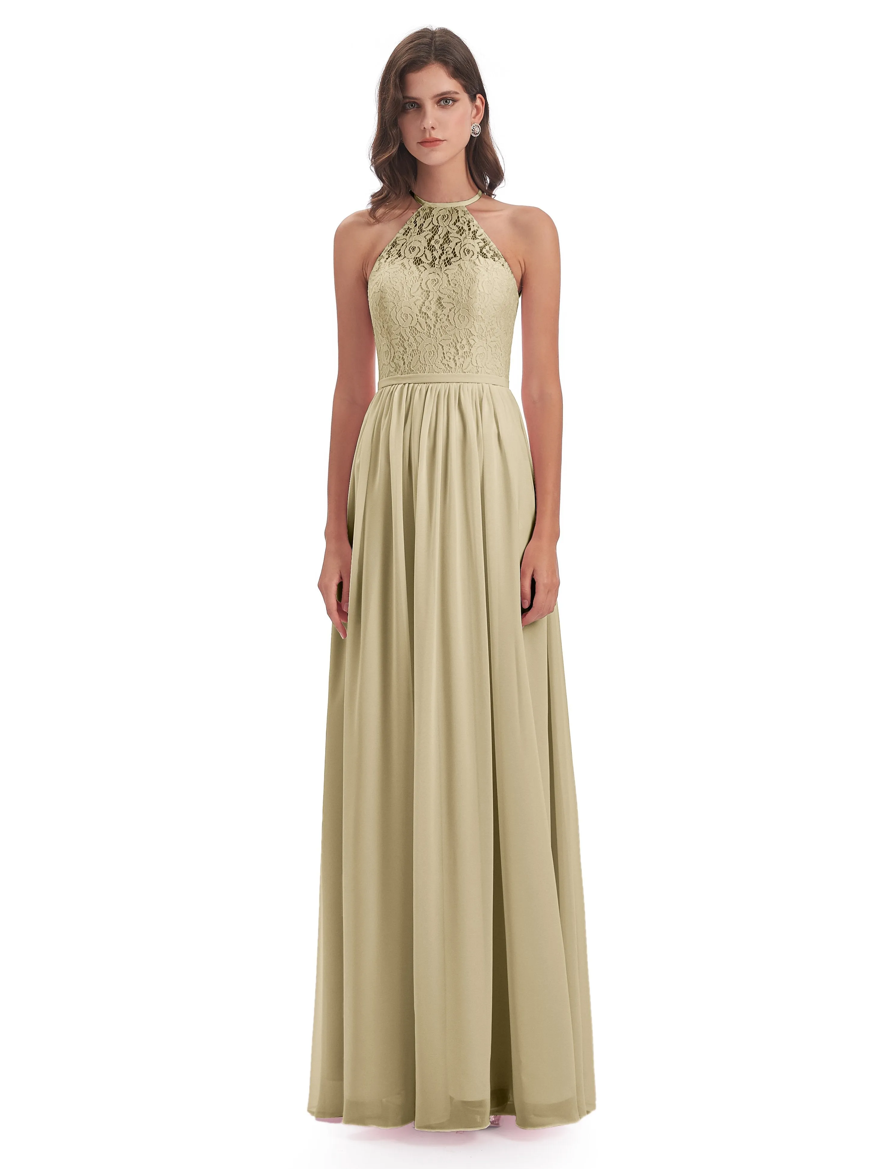 Emma Stunning Halter Floor Length Lace/Chiffon Bridesmaid Dresses