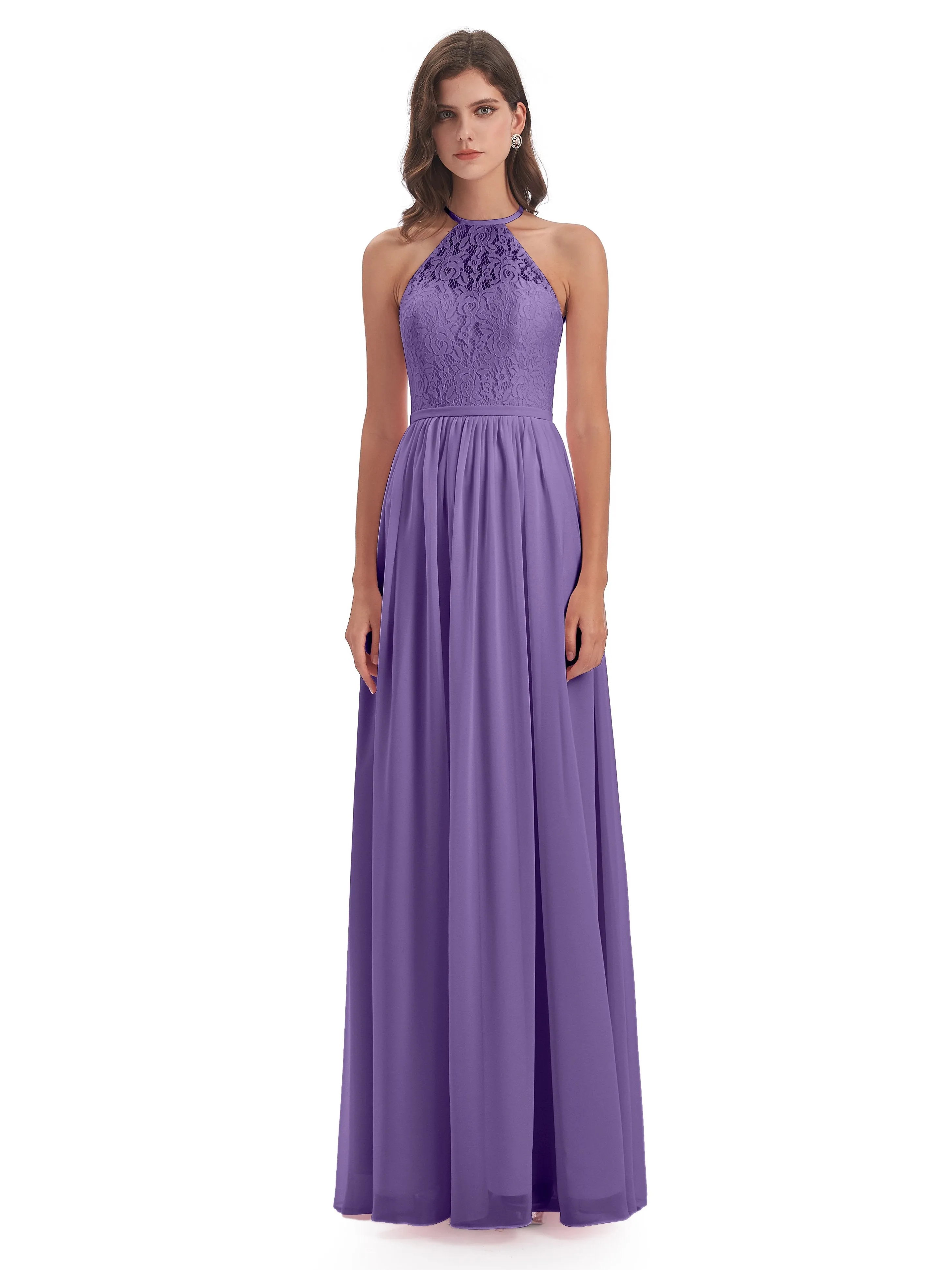 Emma Stunning Halter Floor Length Lace/Chiffon Bridesmaid Dresses