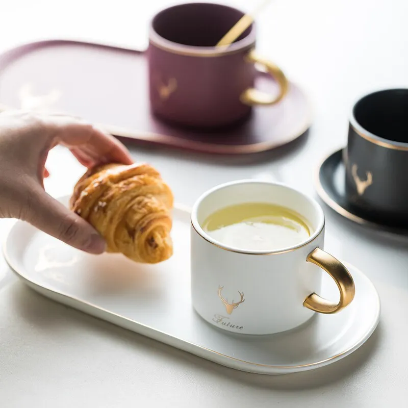 European Luxurious Gold Rim Ceramics Coffee Cups And Saucers Spoon Sets