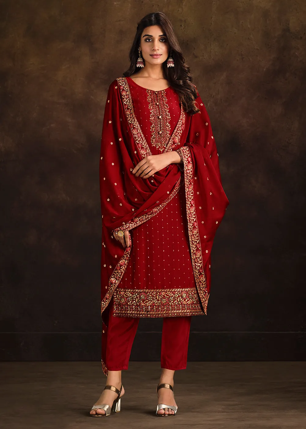 Fancy Georgette Stunning Red Pakistani Style Salwar Suit