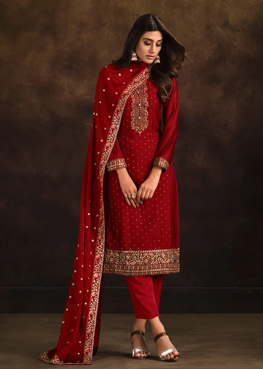 Fancy Georgette Stunning Red Pakistani Style Salwar Suit