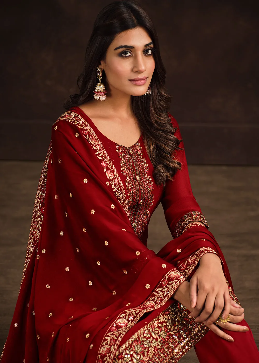 Fancy Georgette Stunning Red Pakistani Style Salwar Suit