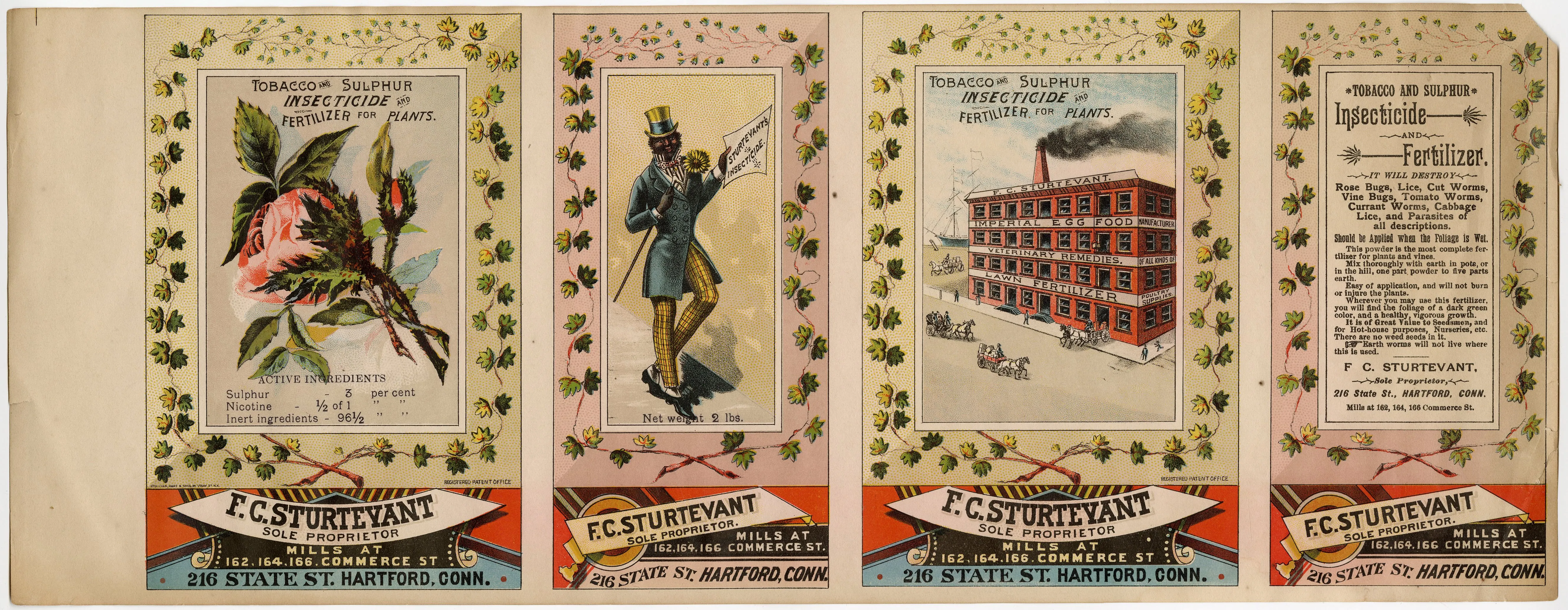 F.C. Sturtevant Insecticide, Tobacco and Sulphur Plant Fertilizer Trade Card, Pamphlet Proof, Black Americana