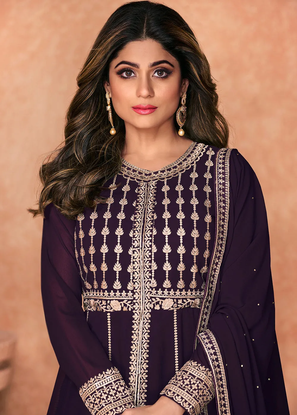 Georgette Embroidered Stunning Purple Long Anarkali Gown