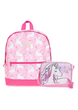 Girls Unicorn Star Pink 2 Piece Set Backpack & Lunch Bag