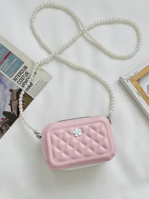 Gracefully Styled Pearl Strap Quilted Camera Crossbody Bag