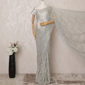 Grey Metallic Premium French Chantilly Saree Lace - 5.5 Meters, Floral Design, 110 cm Width-D20772