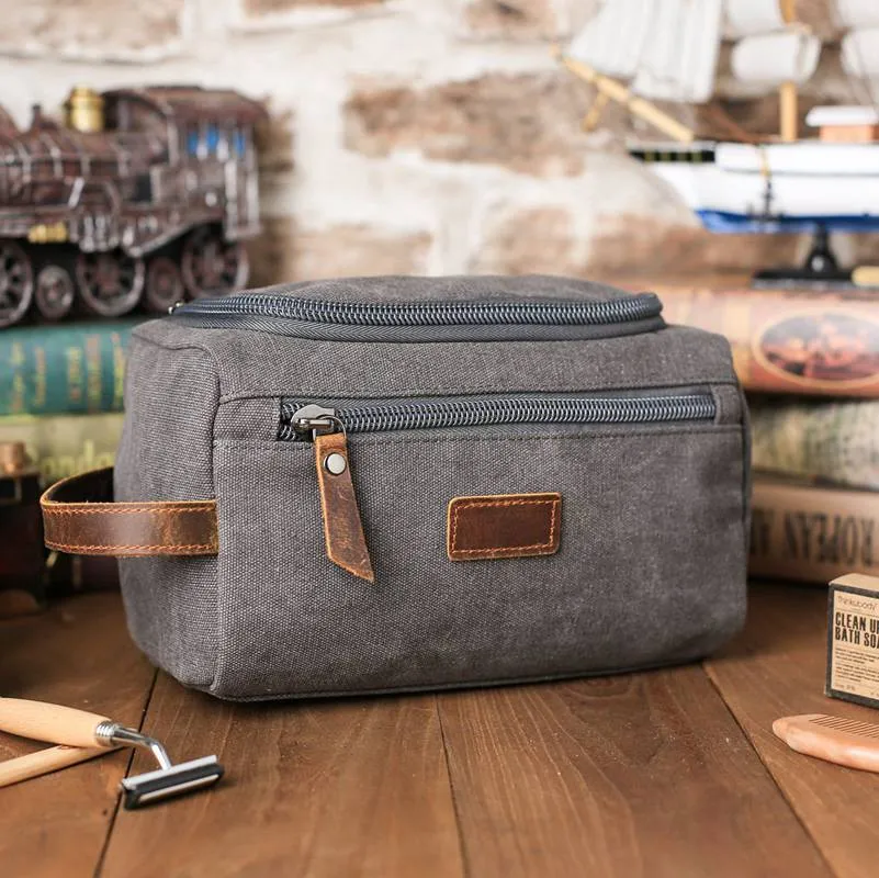 Groomsmen Gifts - Toiletry Bag, Dopp Kit, Brown Leather and Gray Canvas with Flip Top Open, Best Man, Groomsman, Wedding Gift,Christmas gift