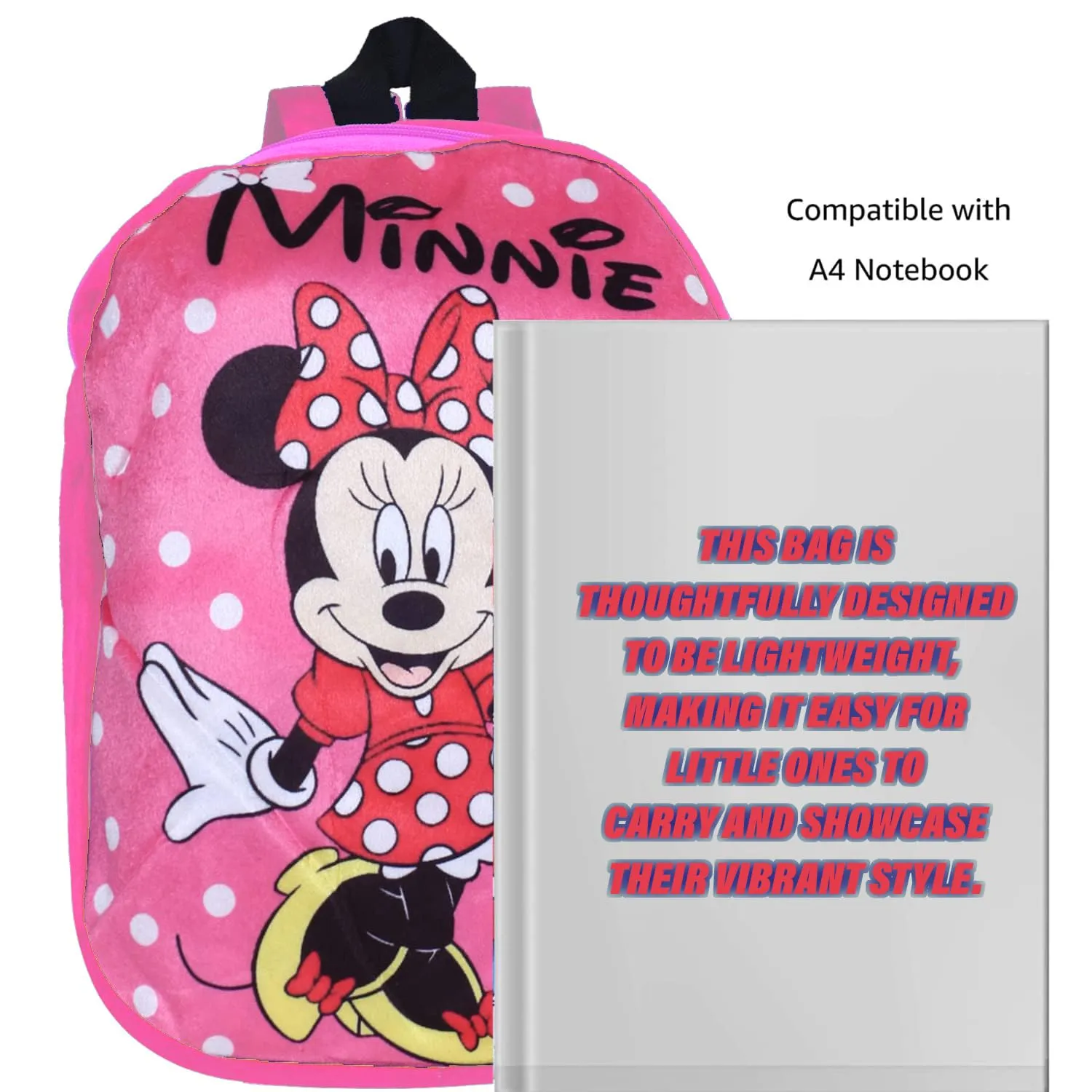 Heart Home Disney Minnie Backpack | 2 Compartment Velvet School Bag | Dot Print School Bag for Kids | Kids School Backpack | Backpack for School | Pink