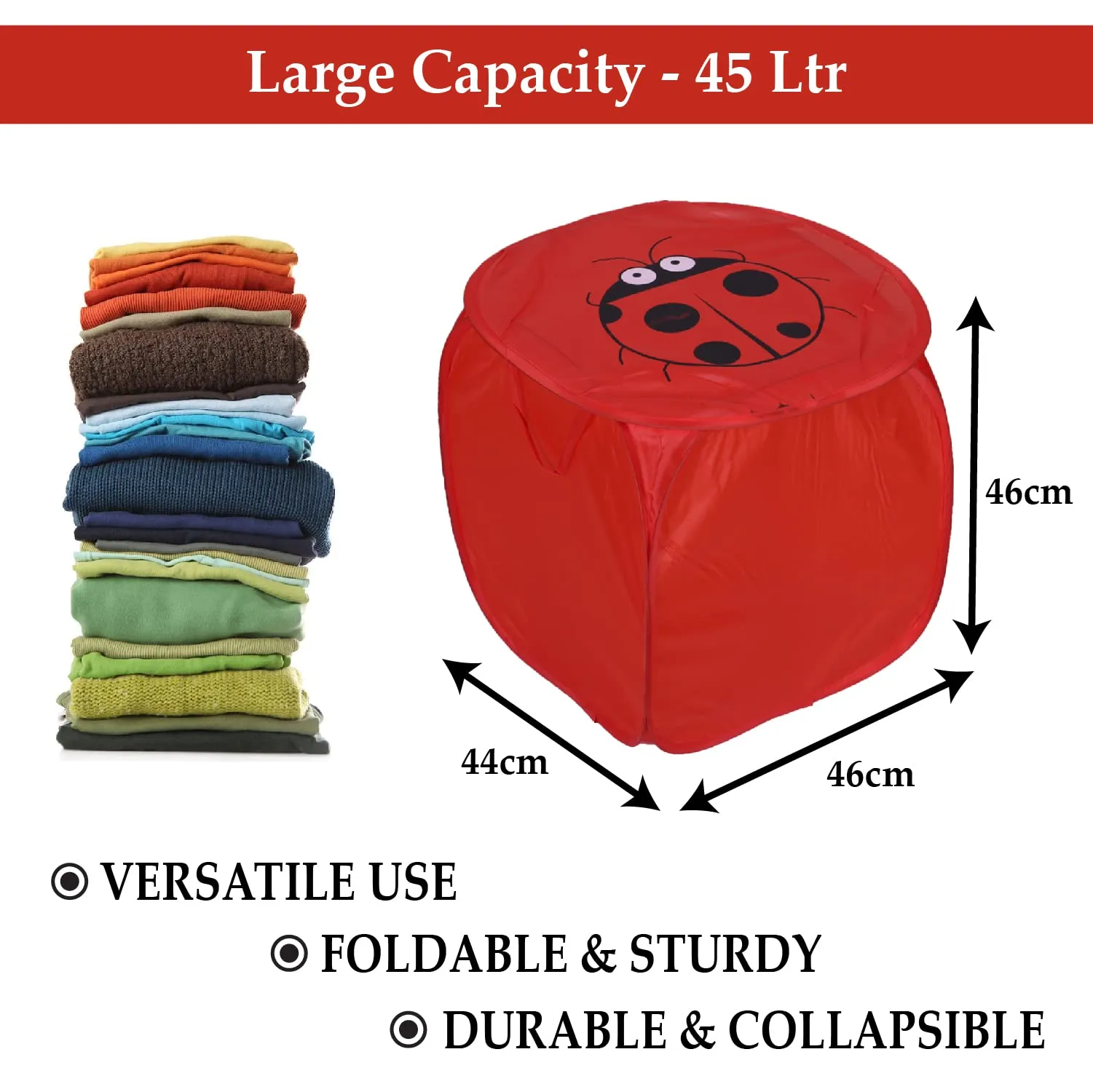 Heart Home Laundry Basket | Polyester Foldable Laundry Basket | Collapsible Laundry Basket | Square Clothes Storage Box With Lid & Side Handles | 45 Liter | Red