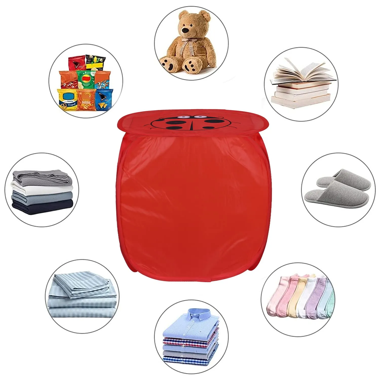 Heart Home Laundry Basket | Polyester Foldable Laundry Basket | Collapsible Laundry Basket | Square Clothes Storage Box With Lid & Side Handles | 45 Liter | Red