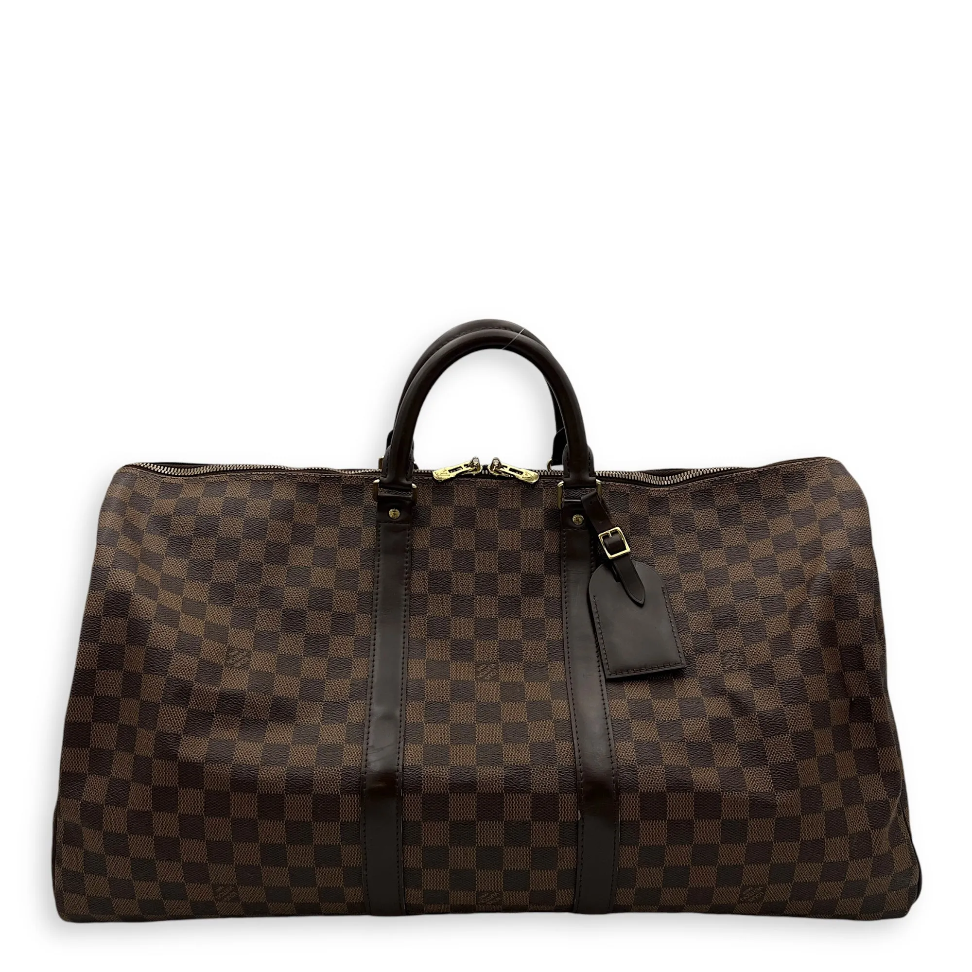 Keepall Duffle Bag 55 Damier Ebene in Coated Canvas, Gold hardware