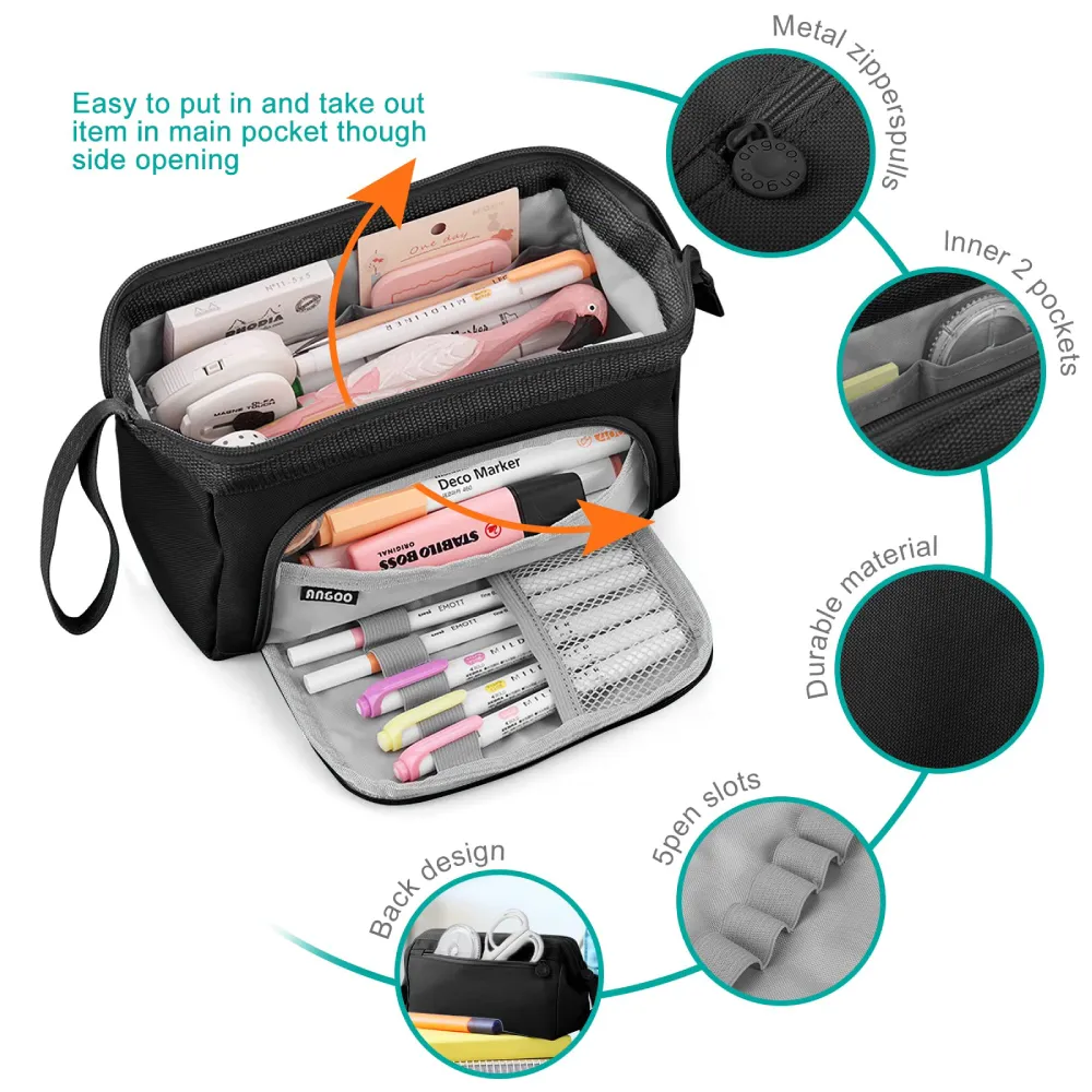 Large Capacity Double-Layer Canvas Students Pencil Case Multi-Function Portable