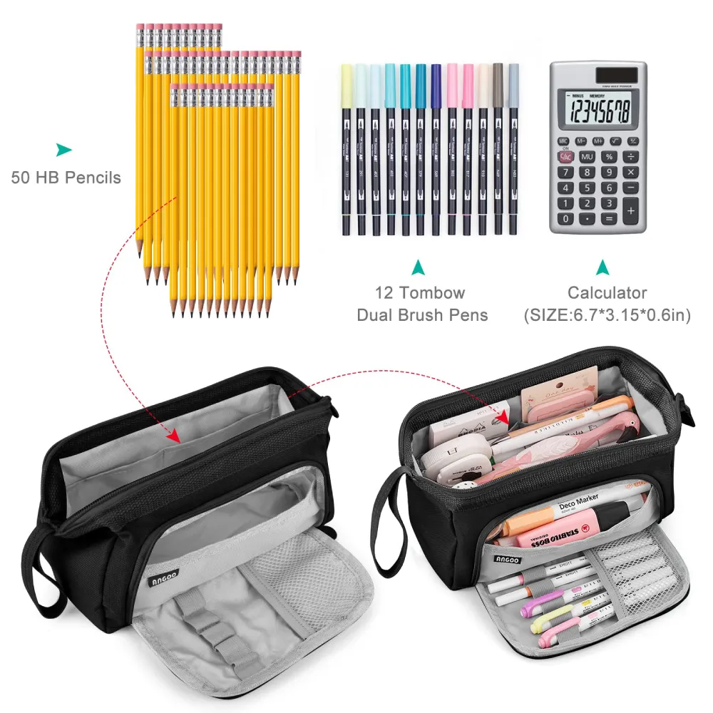 Large Capacity Double-Layer Canvas Students Pencil Case Multi-Function Portable