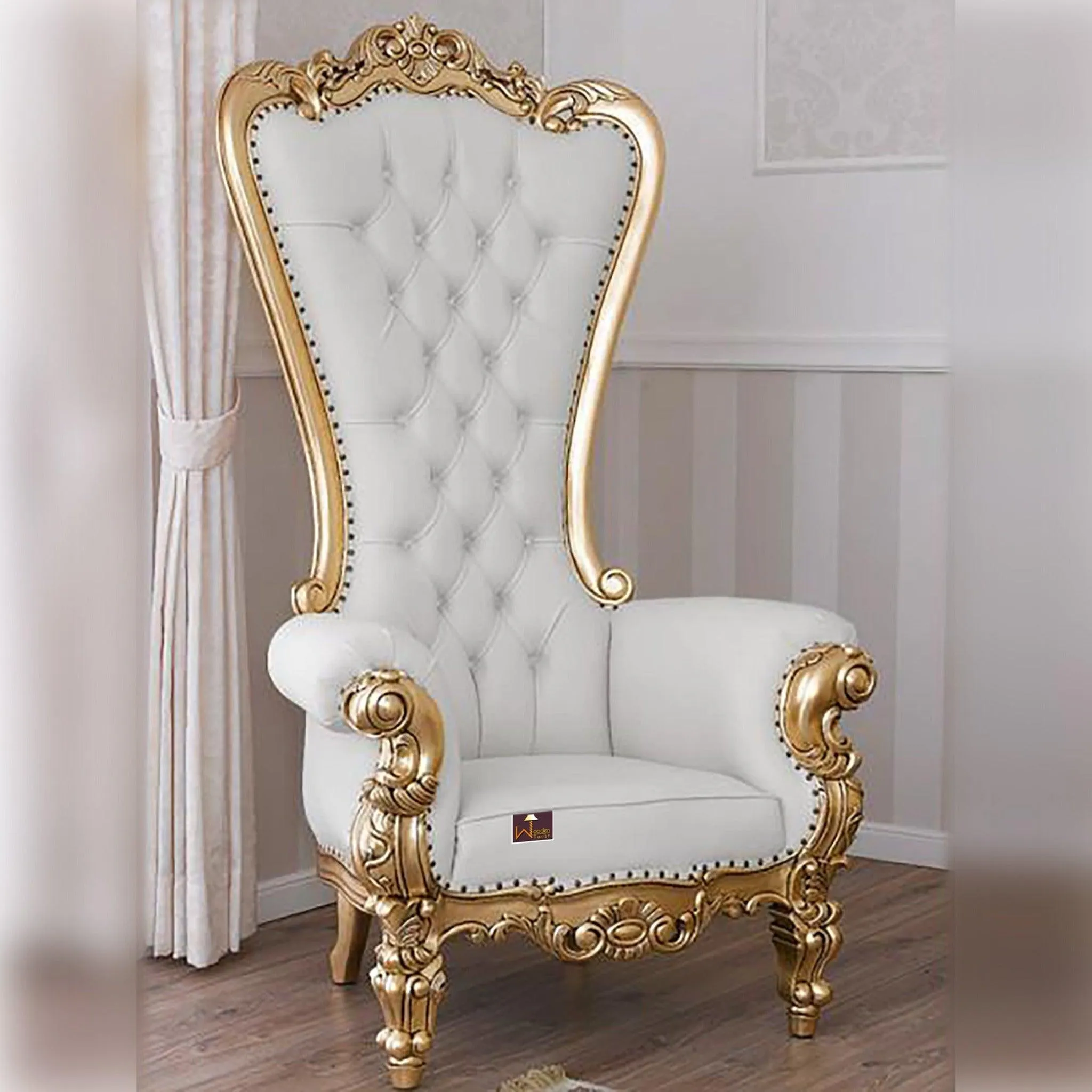 Luxurious High Back throne Gold Leaf & Buttons Chair