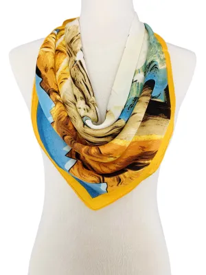 Luxurious Silk-Feel Square Scarf-- Mountain & Bird