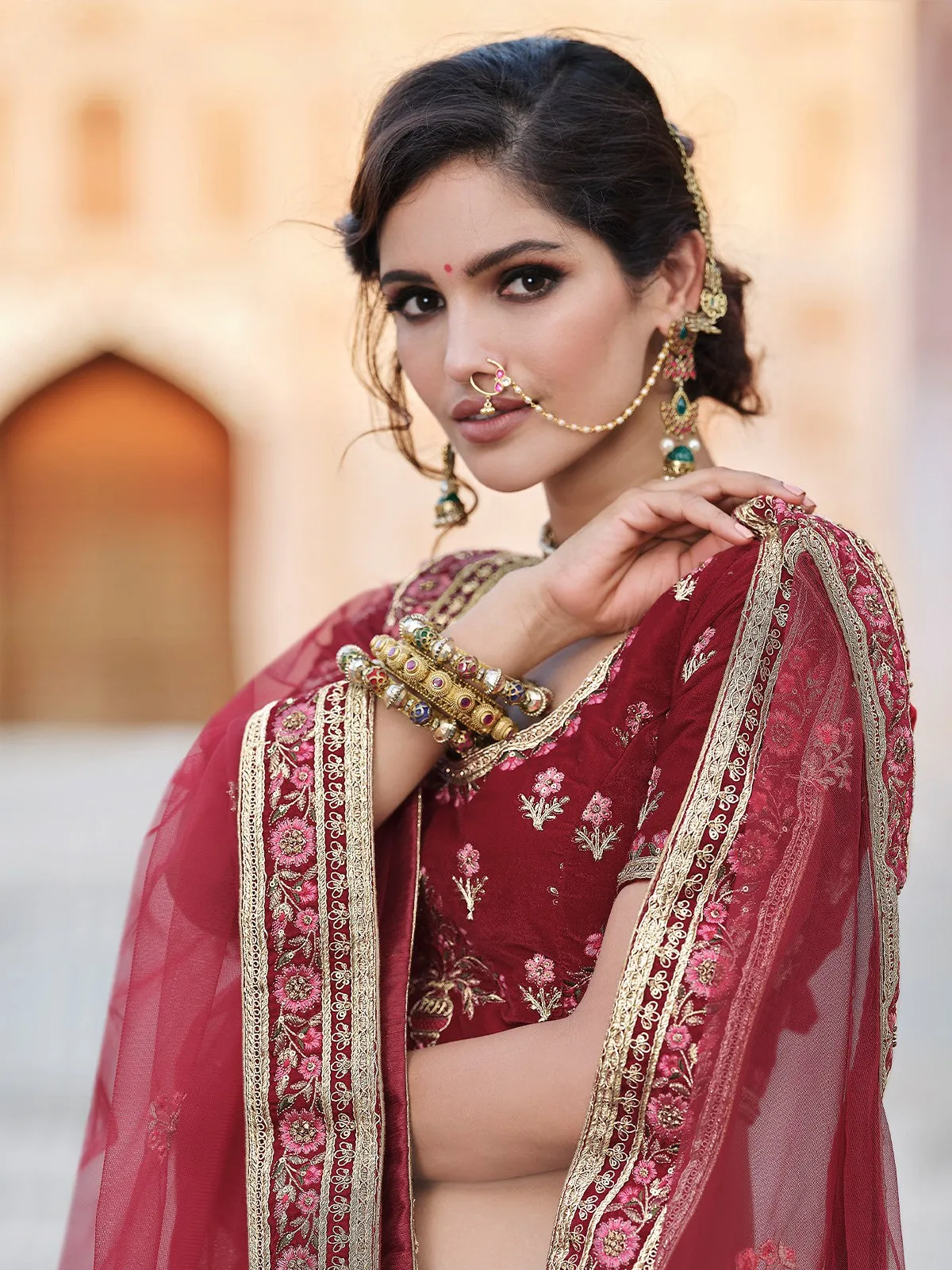 Maroon Stunning Semi Stitched Lehenga With  Unstitched Blouse