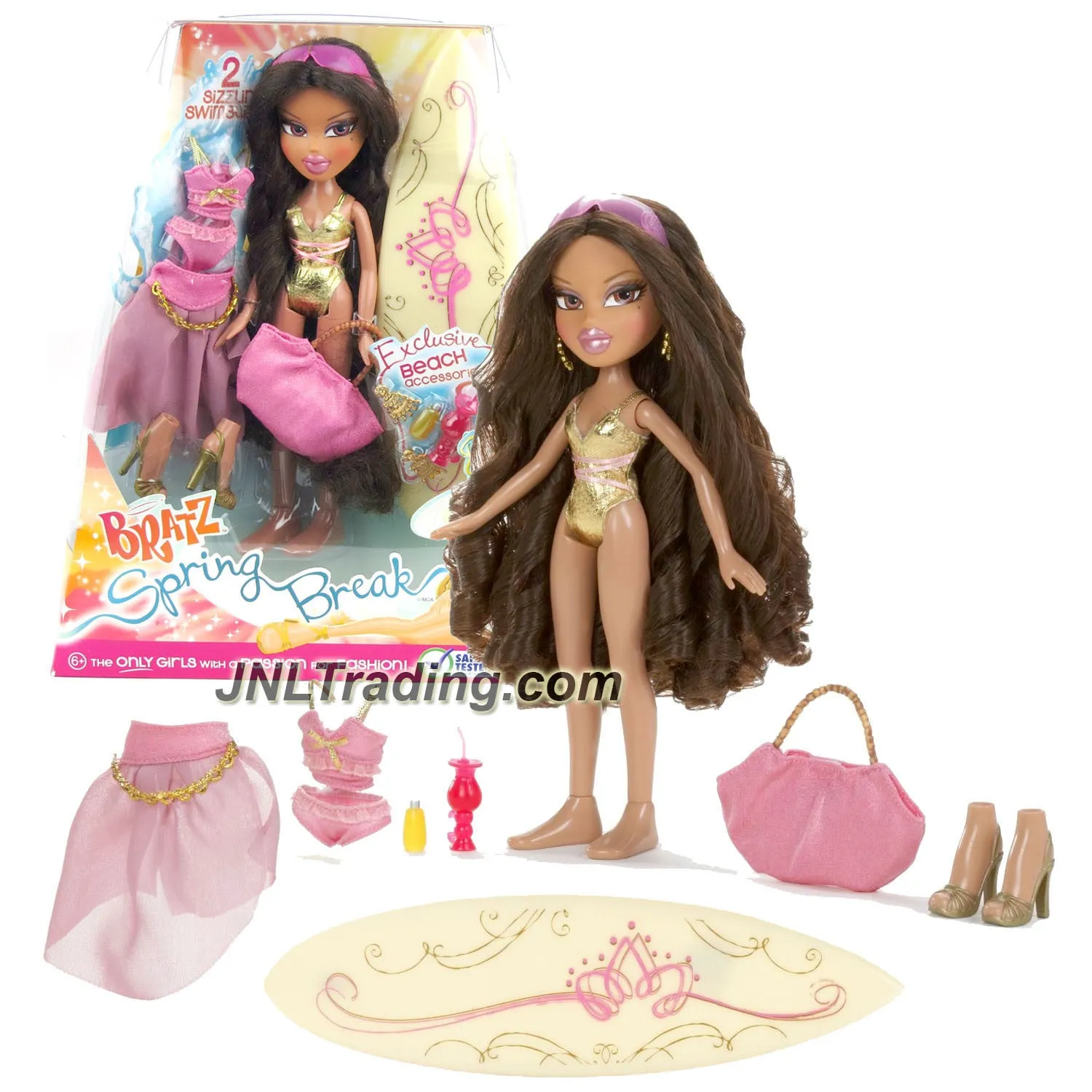 MGA Entertainment Bratz Spring Break Series 10 Inch Doll Set - YASMIN with 2 Swimsuits, 2 Shoes, Sunglasses, Handbag, Surfboard & Beach Accessory