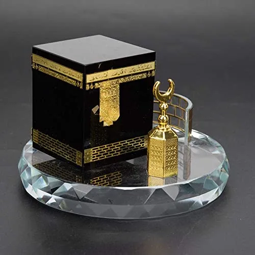 Muslim Crystal Gilded Kaaba Clock Tower Miniature Model Showpiece Islamic Architecture Handicraft Home Vehicle Decor Islamic Building Gift