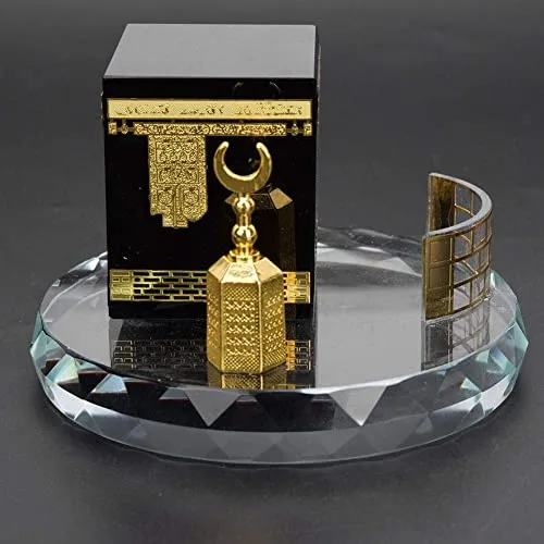 Muslim Crystal Gilded Kaaba Clock Tower Miniature Model Showpiece Islamic Architecture Handicraft Home Vehicle Decor Islamic Building Gift