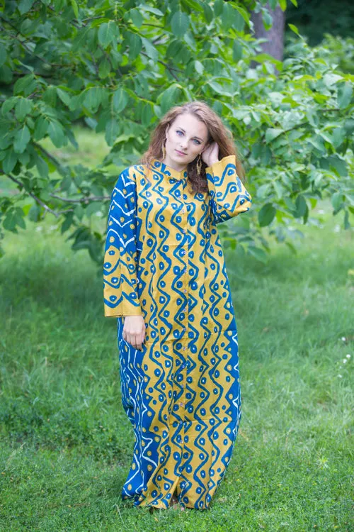 Mustard Blue Charming Collars Style Caftan in Chevron Dots Pattern