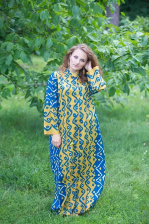 Mustard Blue Charming Collars Style Caftan in Chevron Dots Pattern