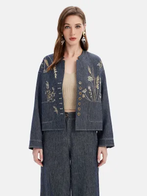 Natural Cotton Linen  Embroidered Denim Jacket