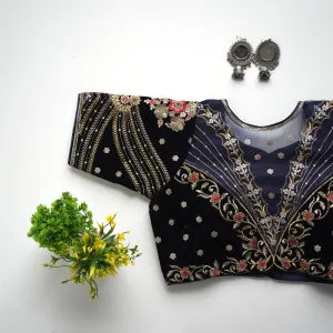 Navy Blue Taffeta Silk Blouse with Golden Embroidery and Sequin Touch