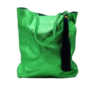 NEW The 'Bessie' Italian Leather Shopper in luxurious Love Bird Green & Navy Blue Tassel