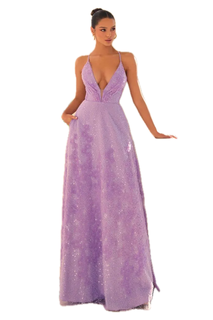 Nicoletta NC1060 Lavender 6 Gown – Elegant Sequined Floral Evening Dress