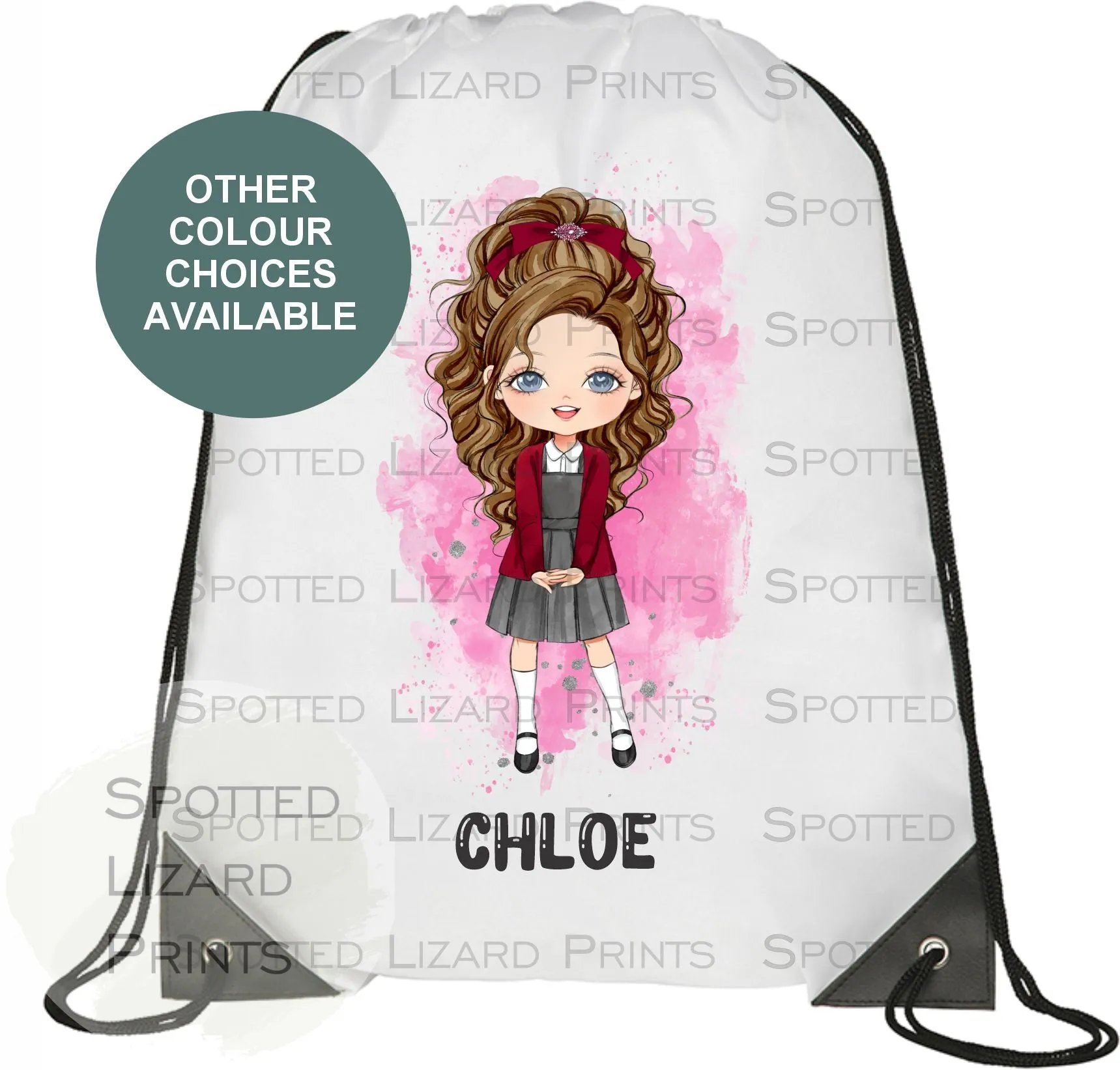 Personalised School Girl Bag, Back to School Drawstring, Bag with Custom Girl Character/School Uniform Design - Matching School Bag