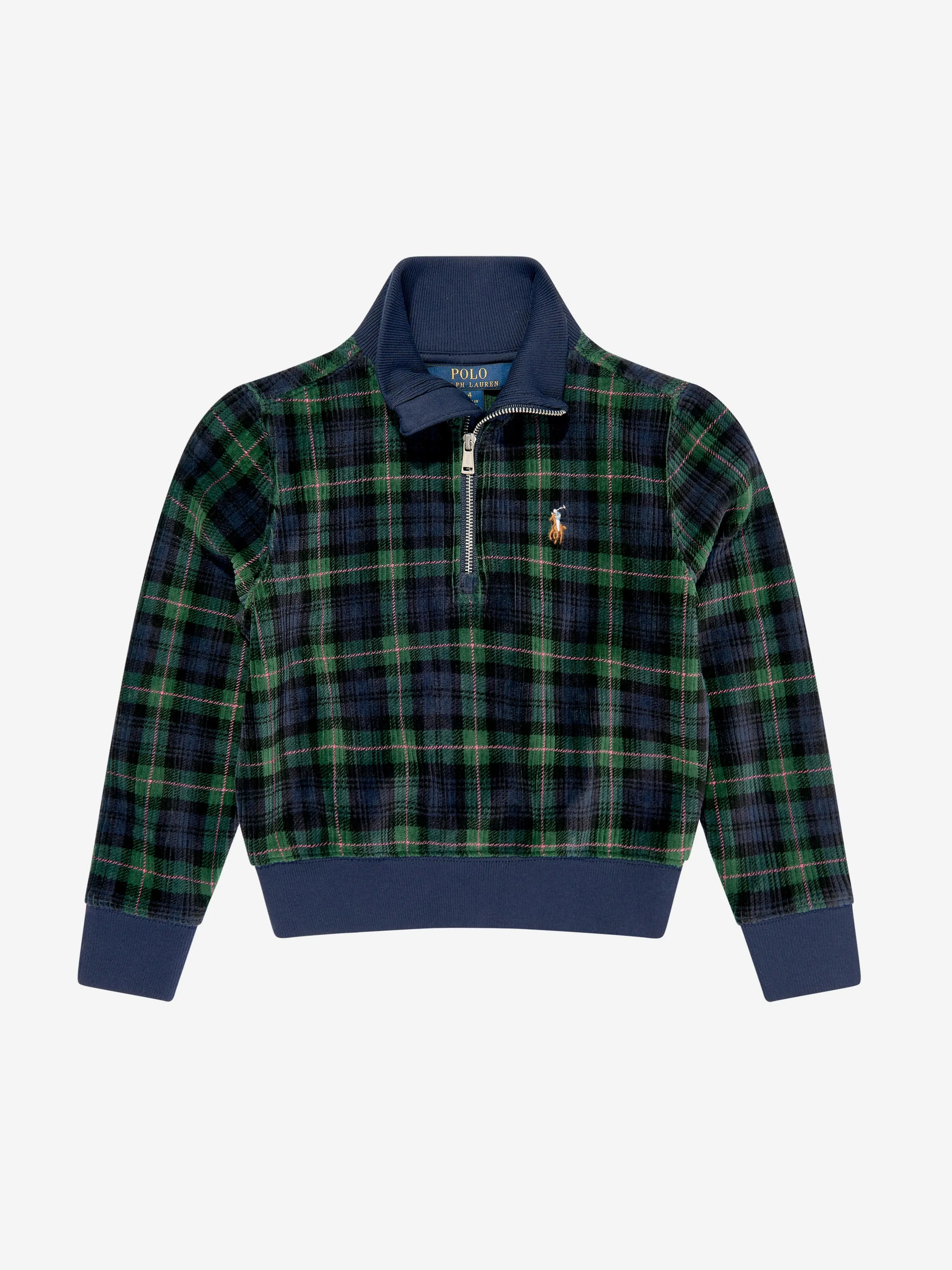 Ralph Lauren Girls Plaid Corduroy Half Zip Sweatshirt in Multicolour