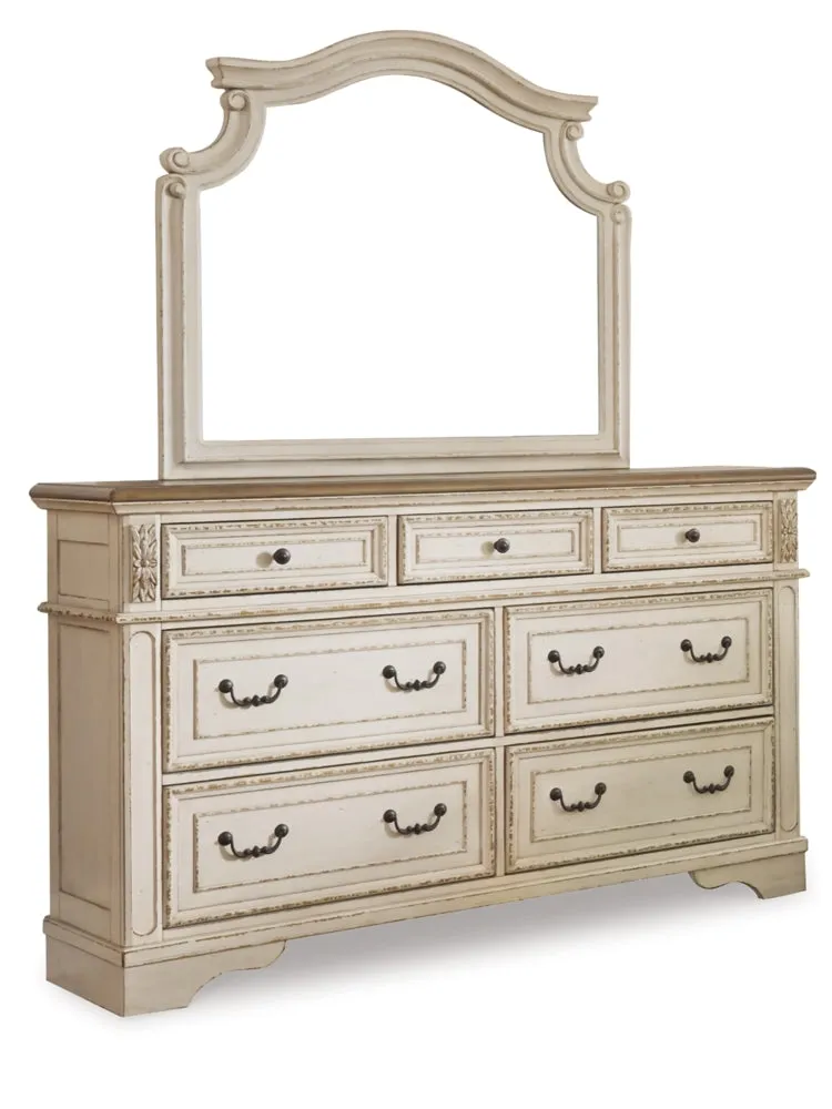 Realyn King Upholstered Panel Bed with Mirrored Dresser, Chest and 2 Nightstands