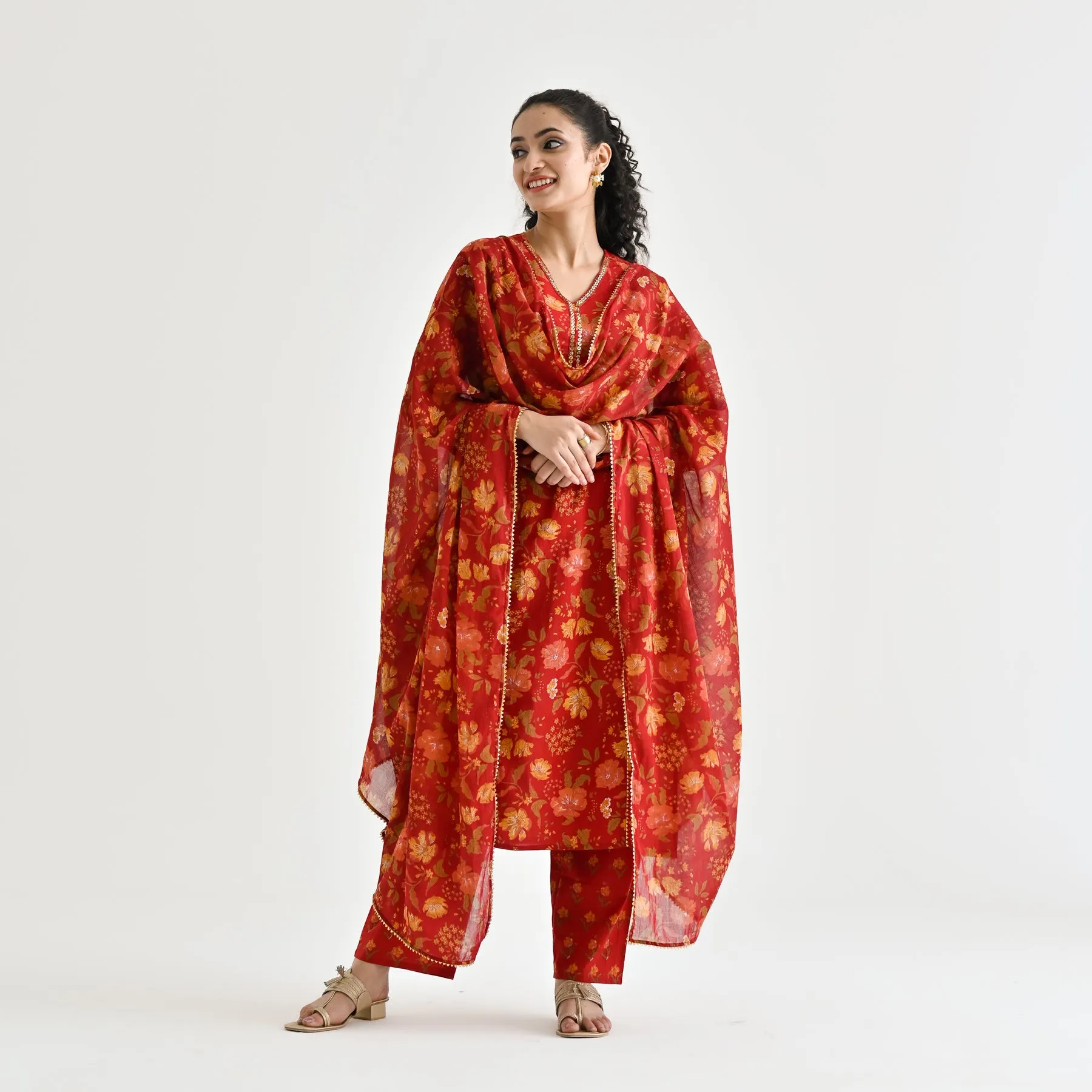 Red Floral Printed Cotton Kurta Pant Dupatta Set with Sequin Embroidered Neckline