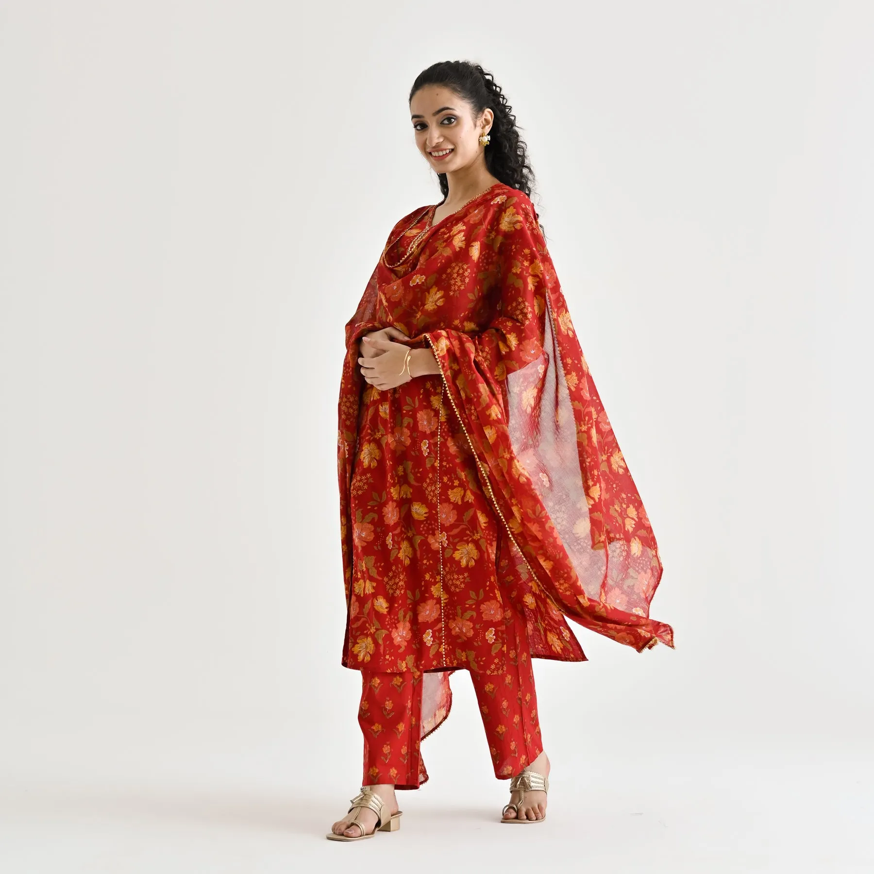 Red Floral Printed Cotton Kurta Pant Dupatta Set with Sequin Embroidered Neckline