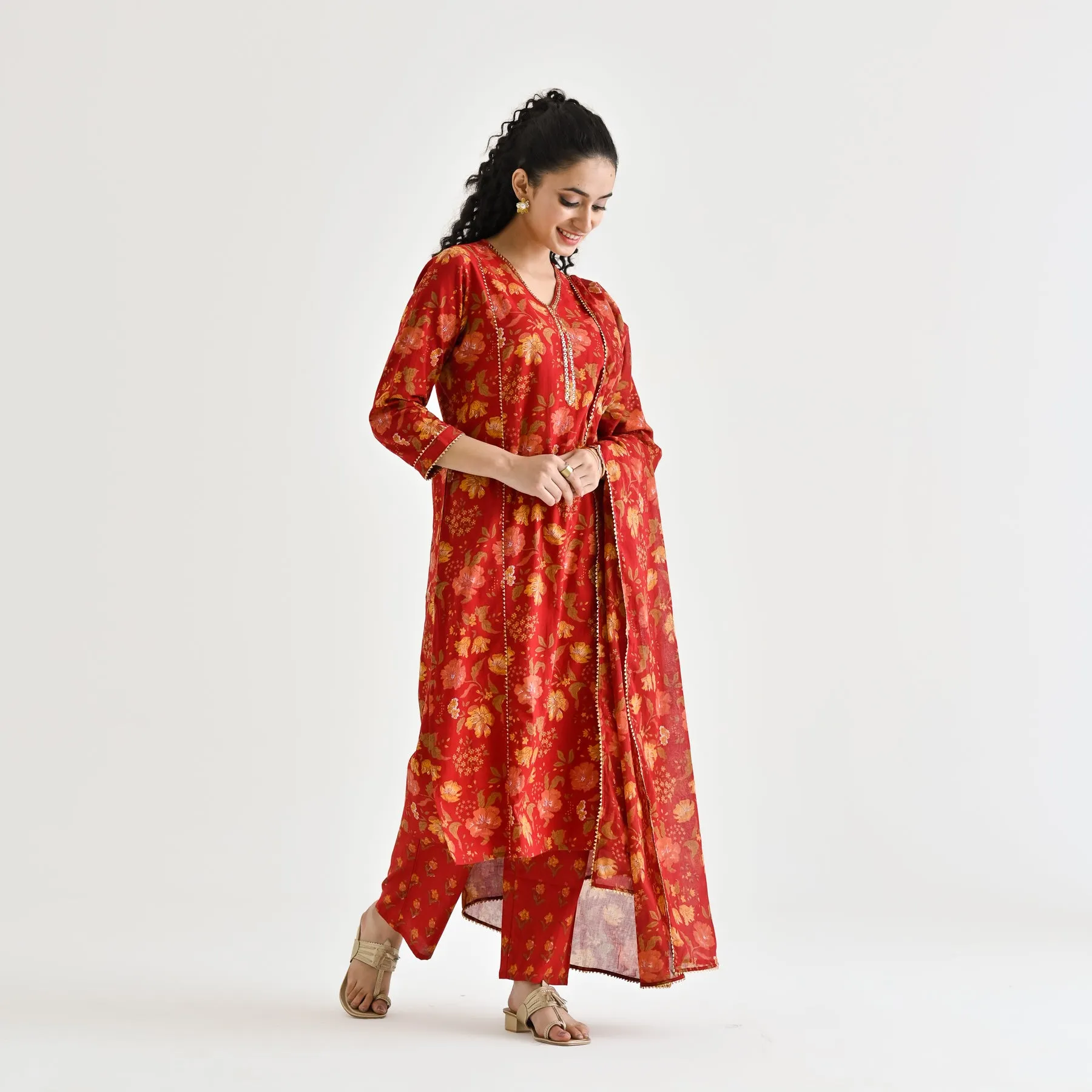 Red Floral Printed Cotton Kurta Pant Dupatta Set with Sequin Embroidered Neckline