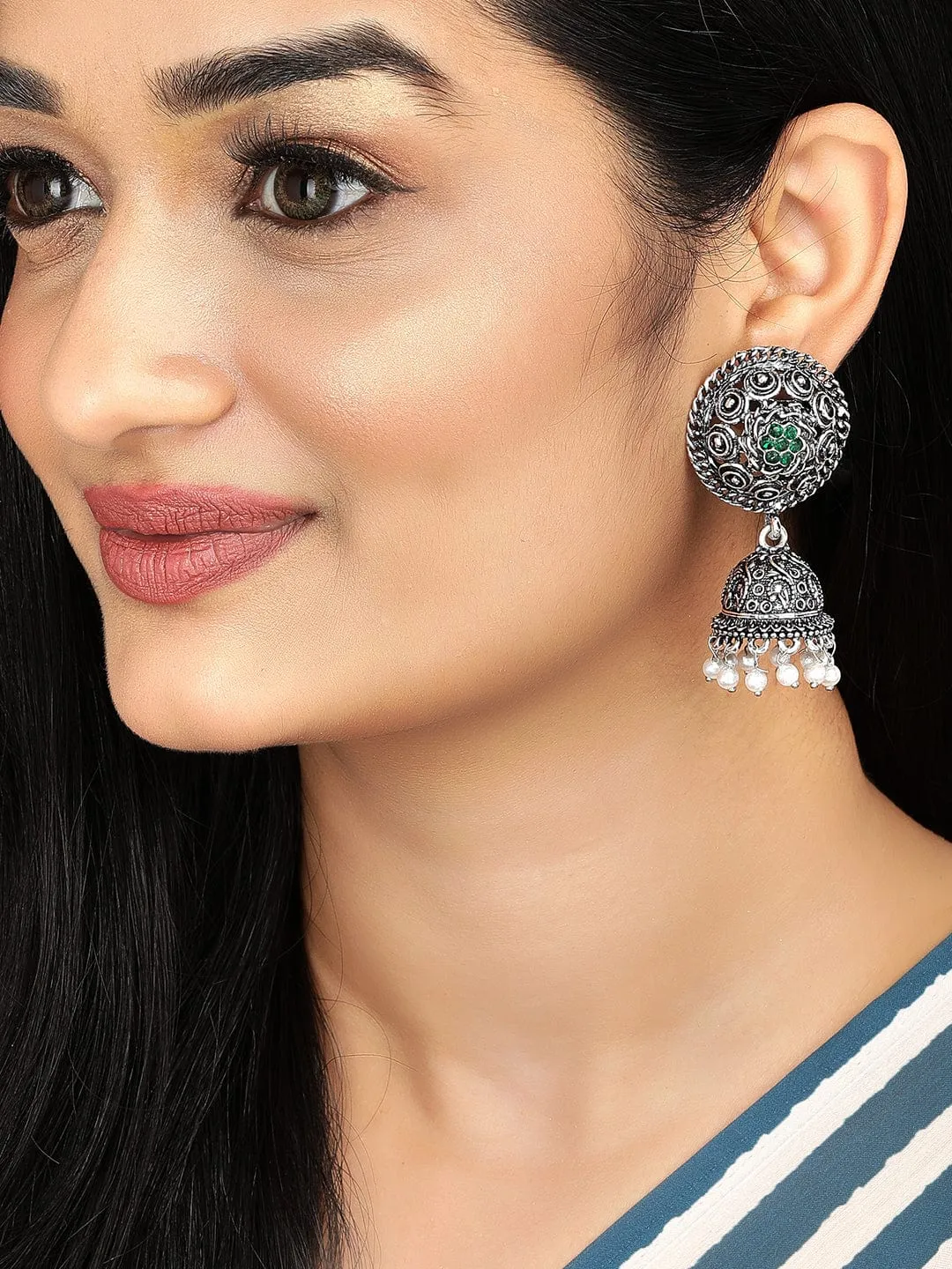 Rubans Oxidised Silver-Plated Green Stone & Pearl Beaded Jhumkas Earrings