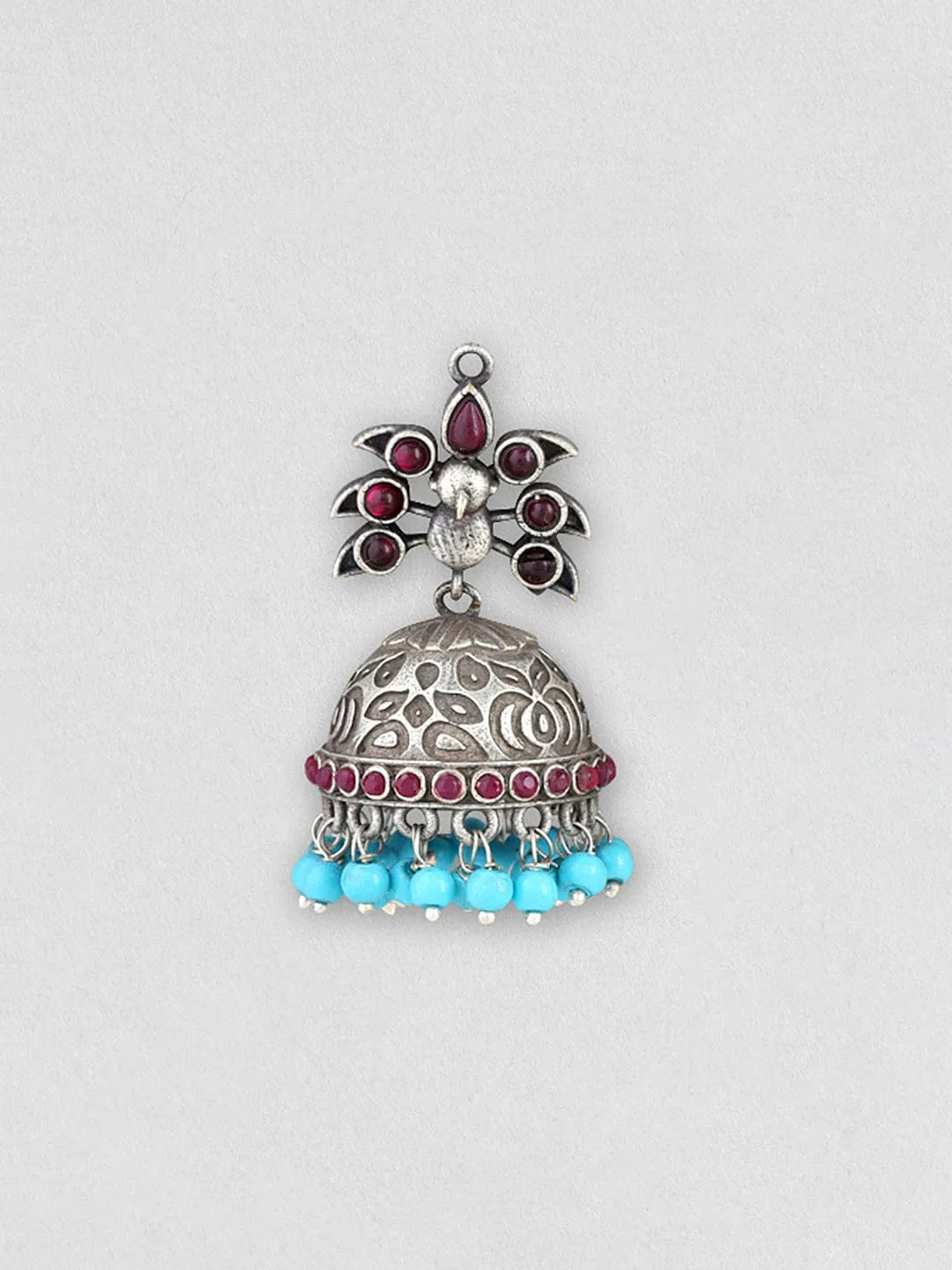 Rubans Silver Oxidised Jhumka With Studded Pink Stone And Blue Beads