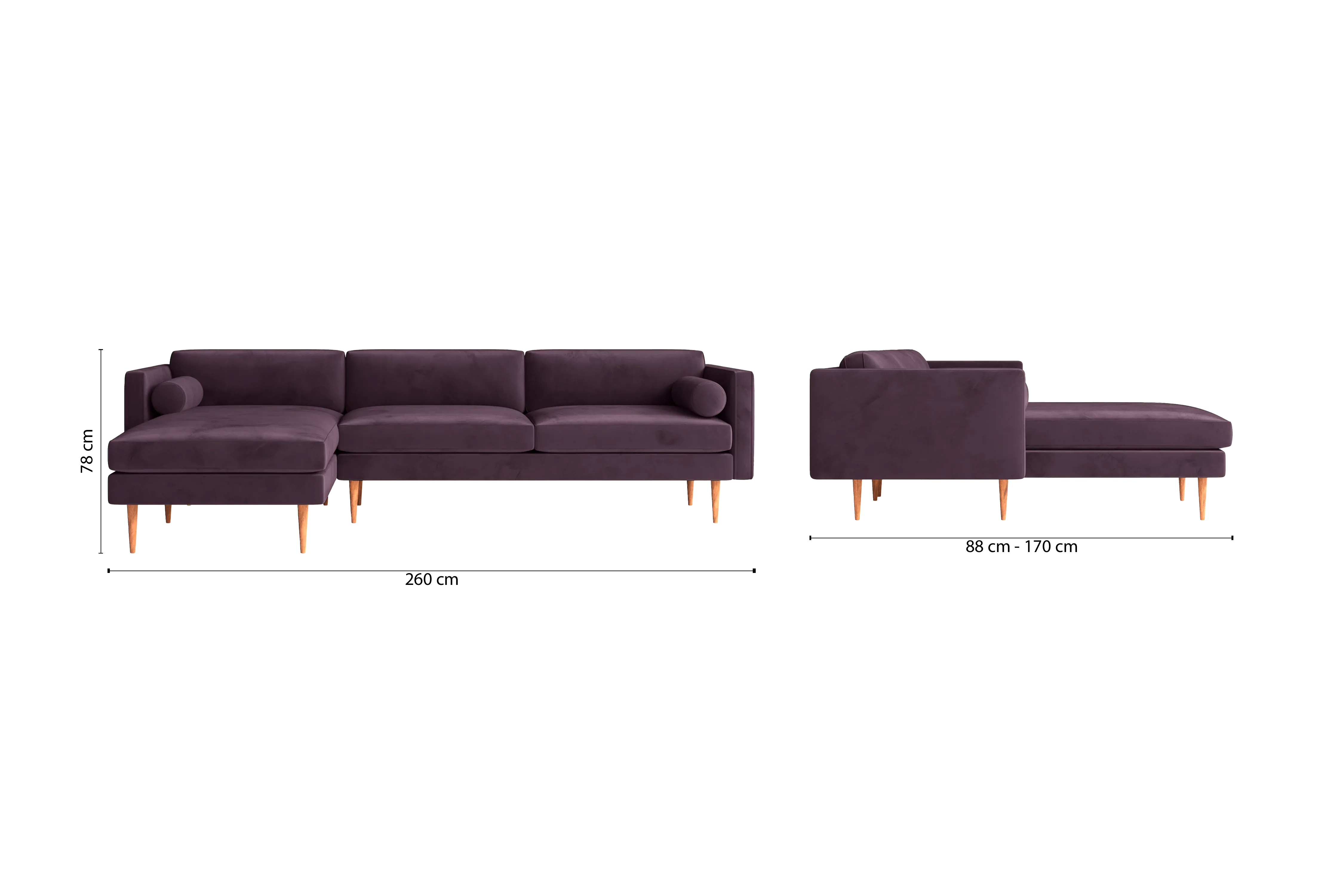 Salerno 3 Seater Left Hand Facing Chaise Lounge Corner Sofa Purple Velvet