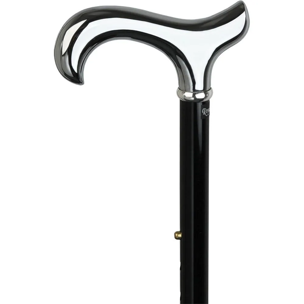 Scratch and Dent Chrome Plated Derby Walking Cane With Folding, Adjustable Black Aluminum Shaft V1667