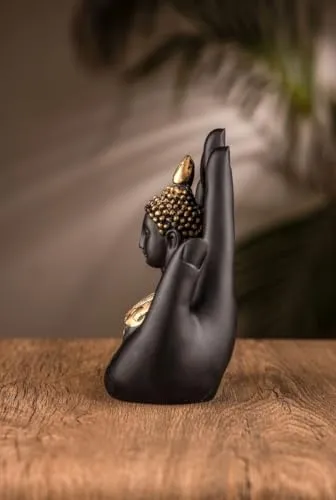 SR Decor Golden Handcrafted Palm Buddha statues for living room Polyresin Showpiece (12.5 cm x 7.5 cm x 17.5 cm, Black)