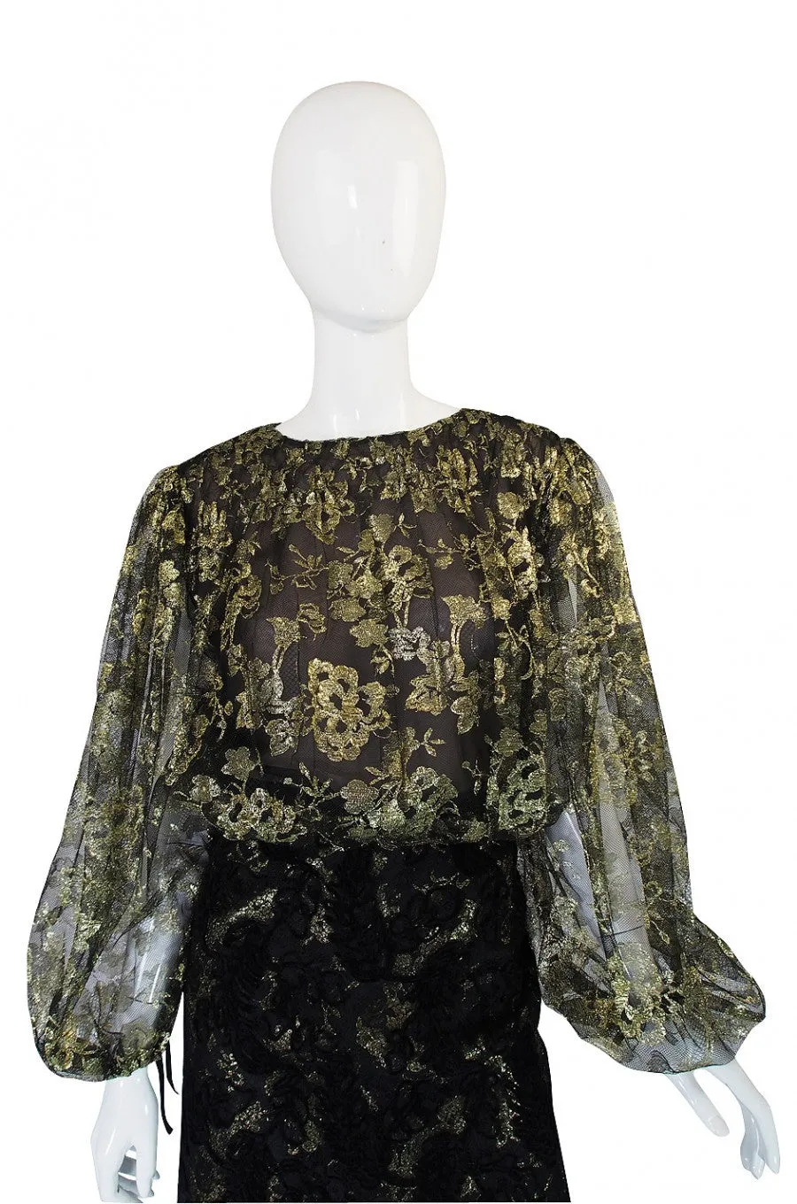 Stunning 1980s Gold Lace Bill Blass Cocktail Dress