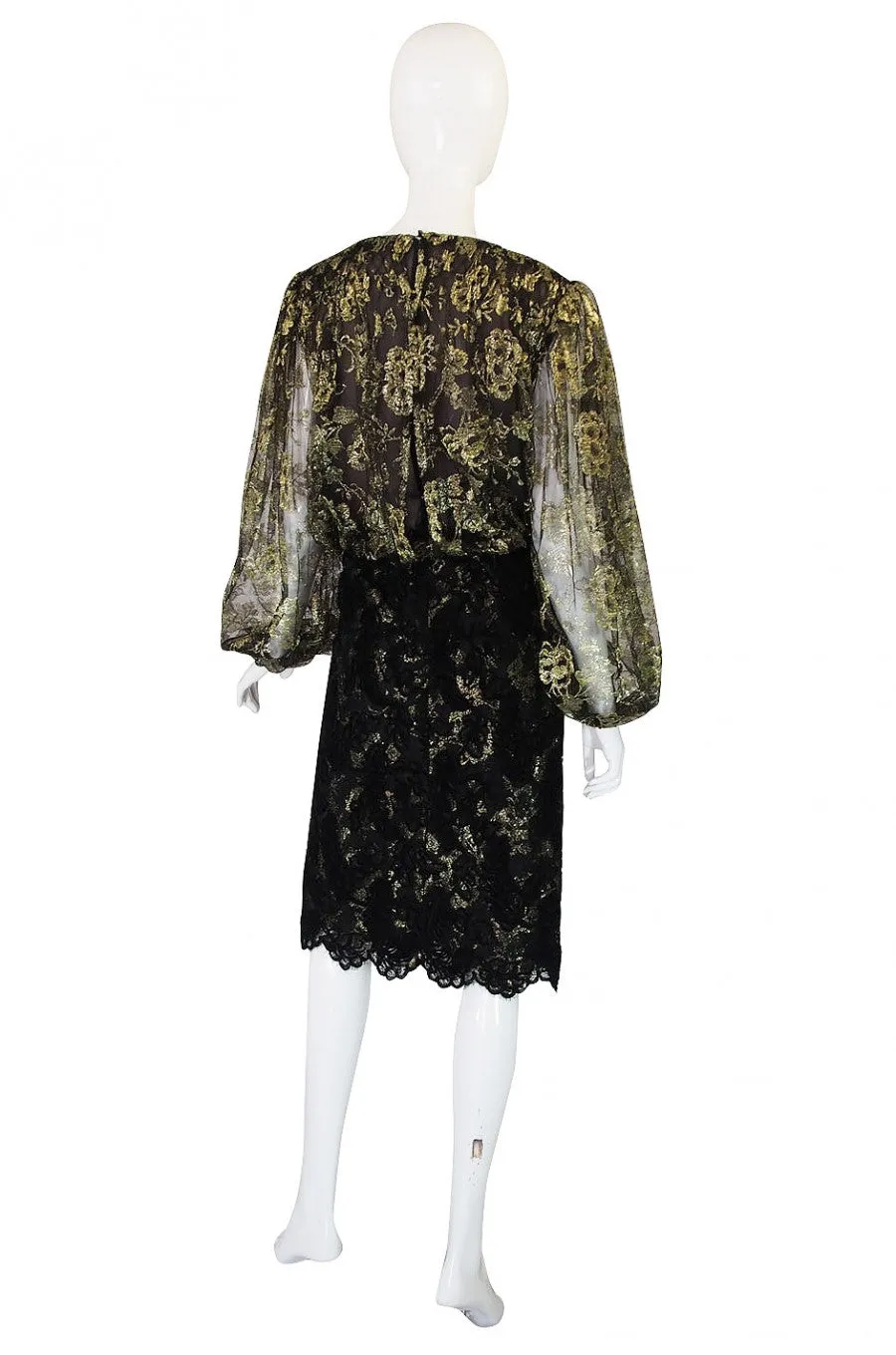 Stunning 1980s Gold Lace Bill Blass Cocktail Dress